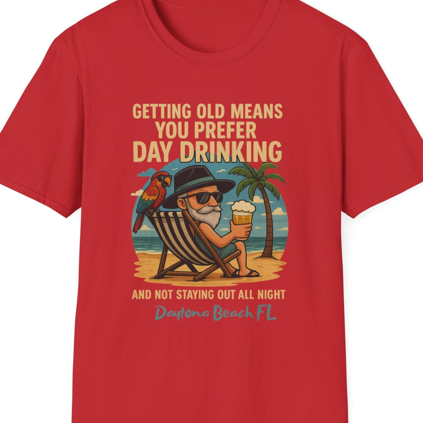 Red t-shirt with a graphic of a man drinking a beer on a beach and text.