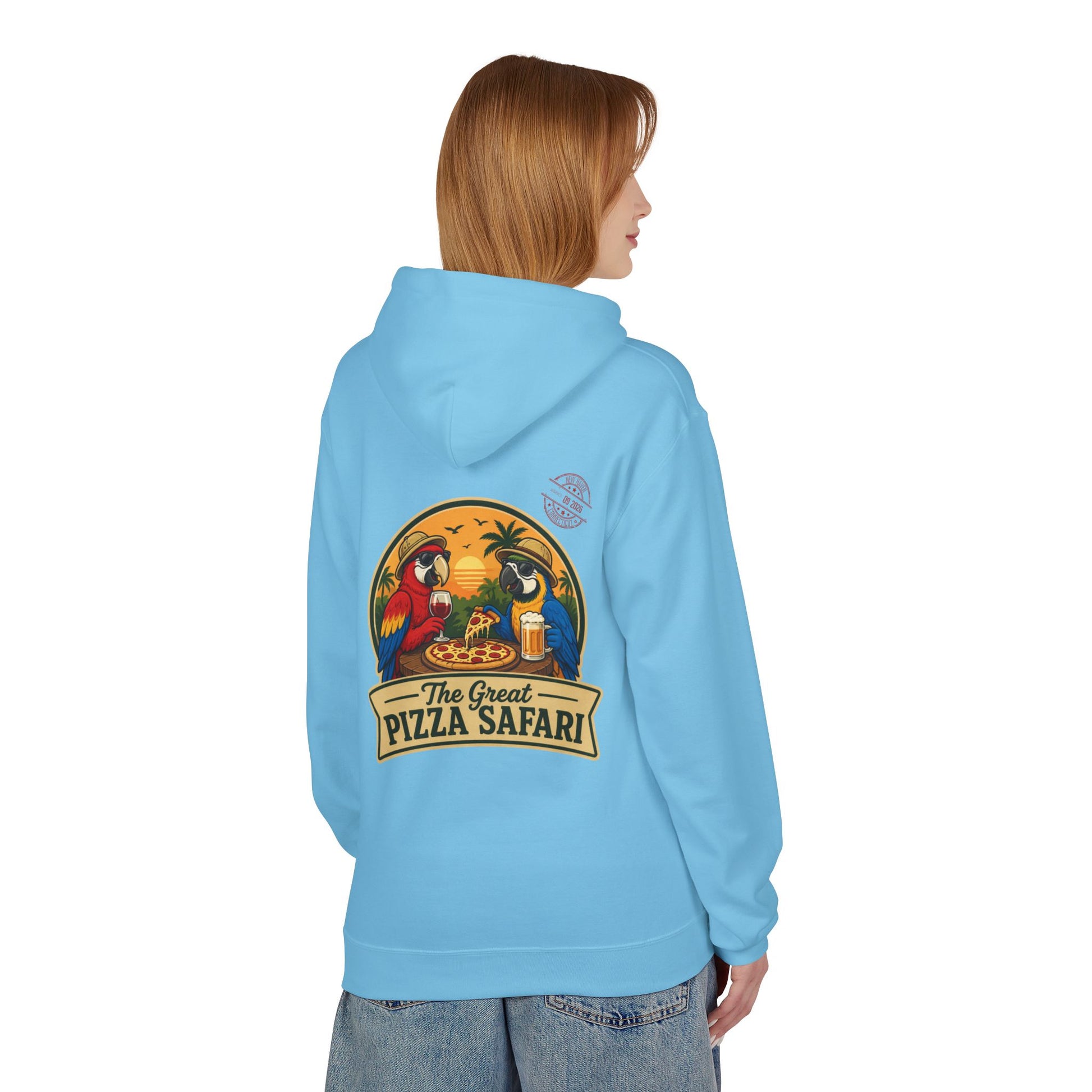 Pizza Safari Hoodie — "The Great Pizza Safari" Tropical Parrot Pizza Graphic