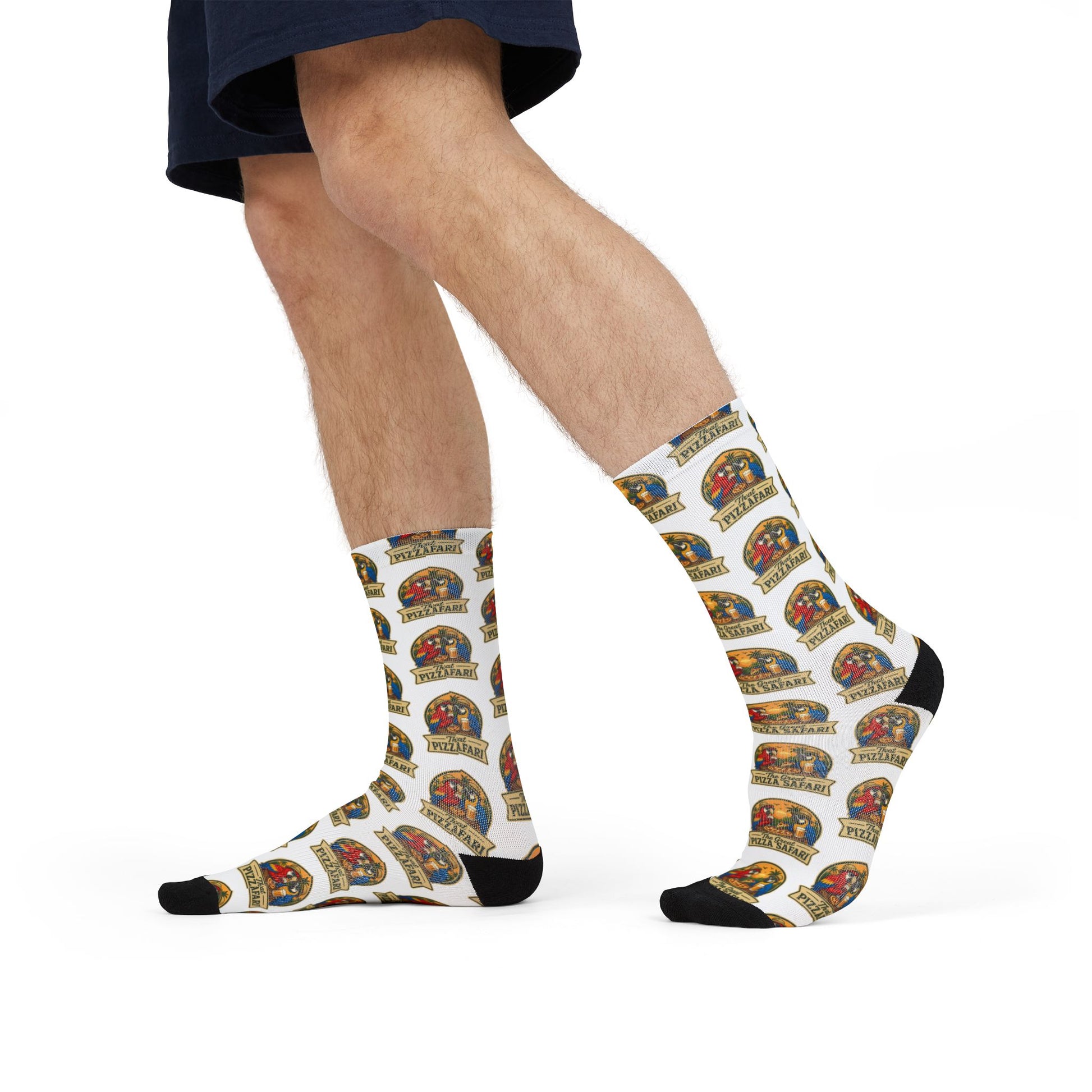 Vintage Pizza Safari Crew Socks — Sublimated Retro Pub Pattern