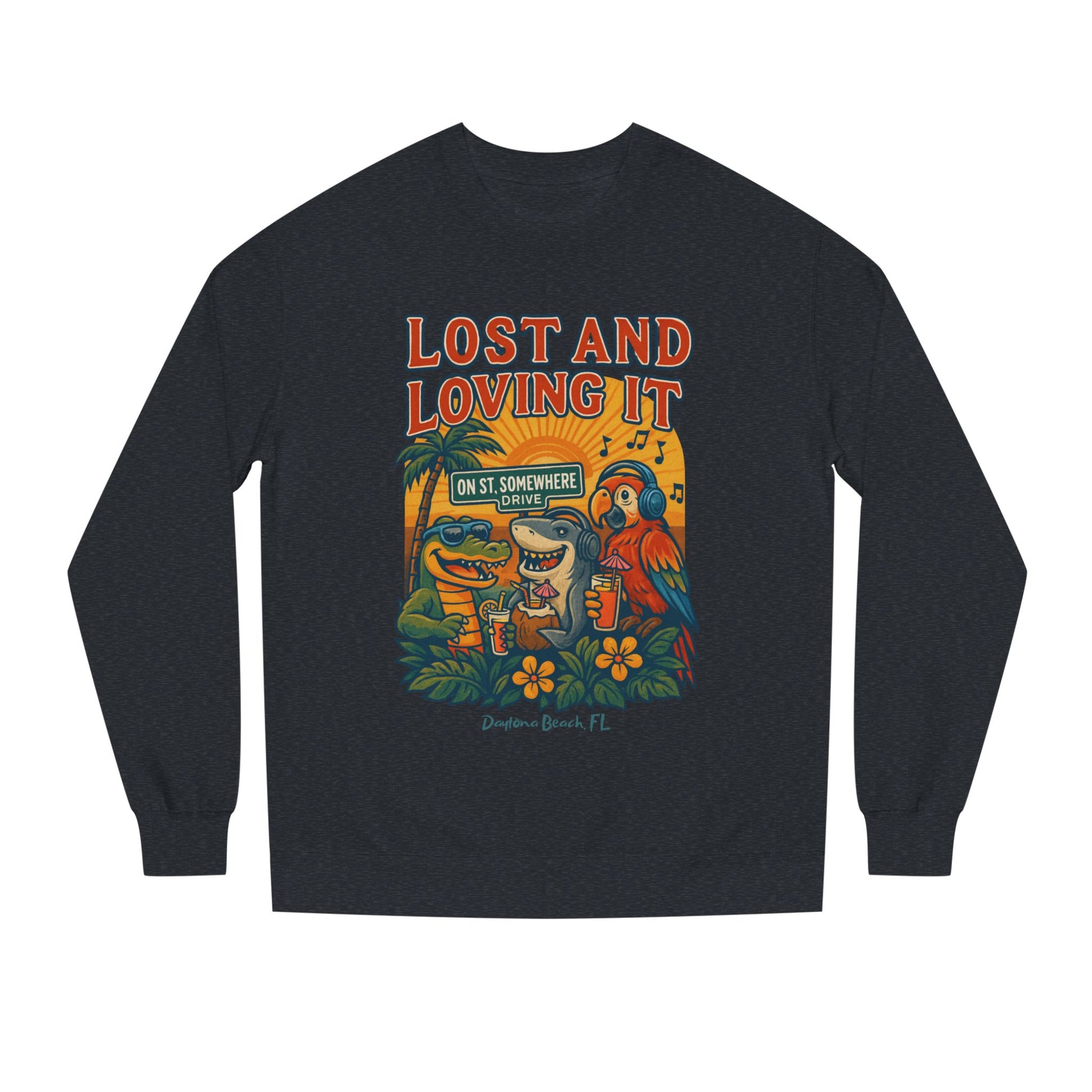 St. Somewhere Dr. Lost and Loving It Crewneck Sweatshirt — Tropical Parrot & Shark Vacation Graphic