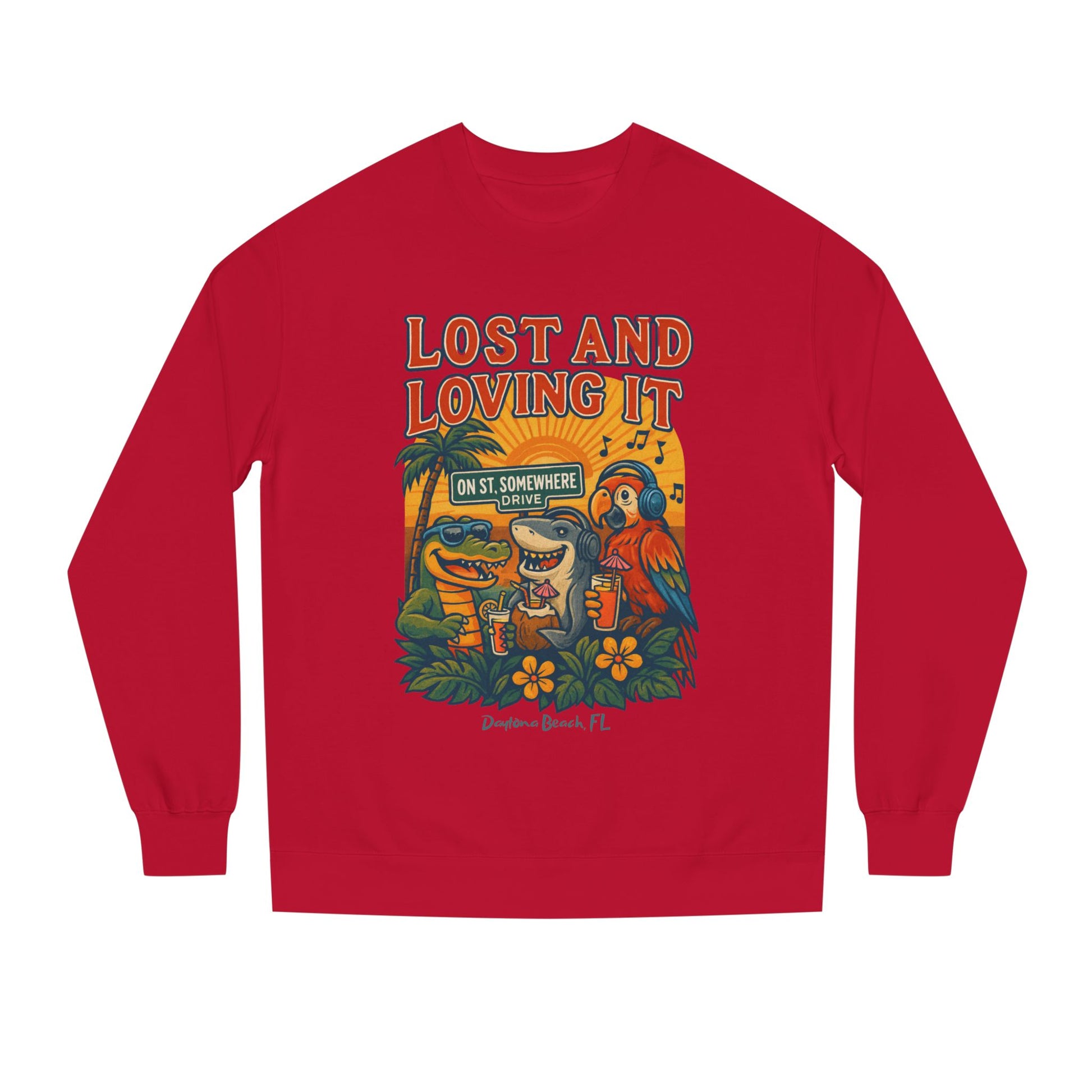 St. Somewhere Dr. Lost and Loving It Crewneck Sweatshirt — Tropical Parrot & Shark Vacation Graphic