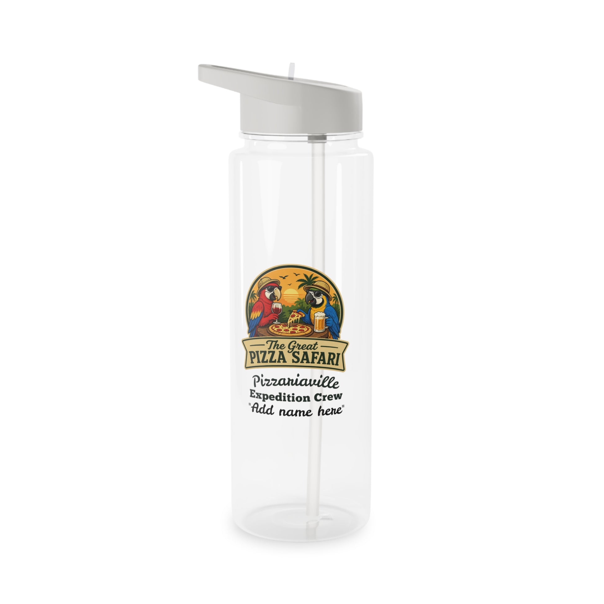 Pizza Safari Tritan Water Bottle — Personalized 'Pizzanaville Expedition Crew' Design
