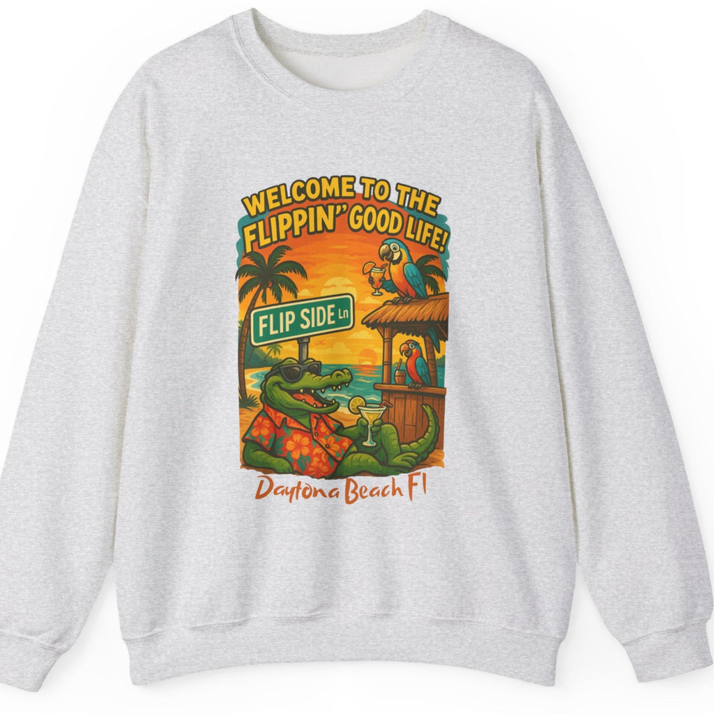 Gray sweatshirt with a colorful graphic design on a white background