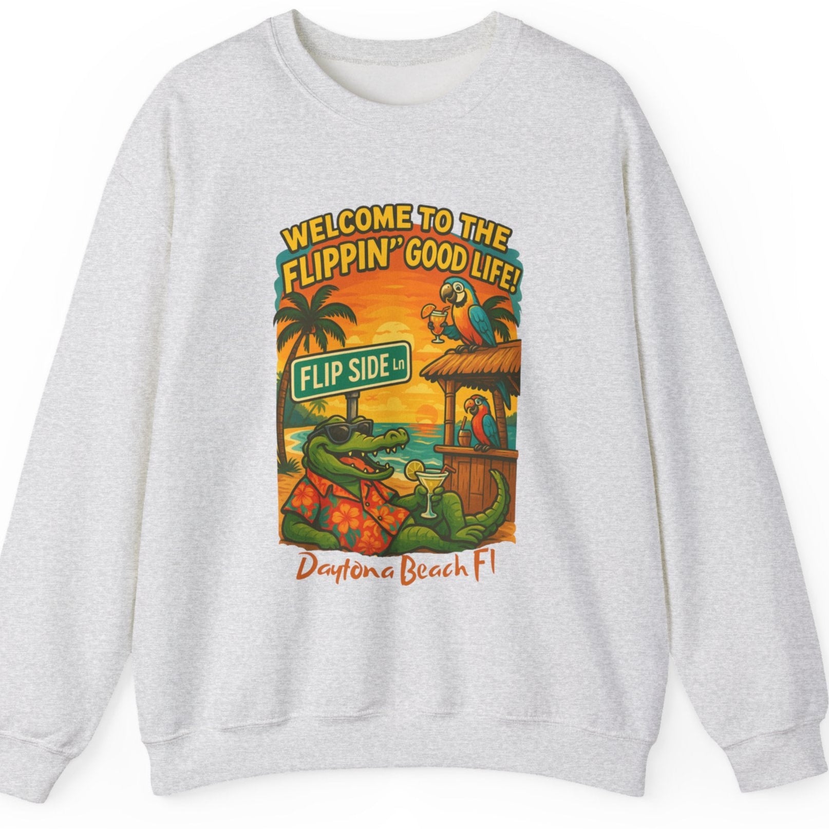 Gray sweatshirt with a colorful graphic design on a white background