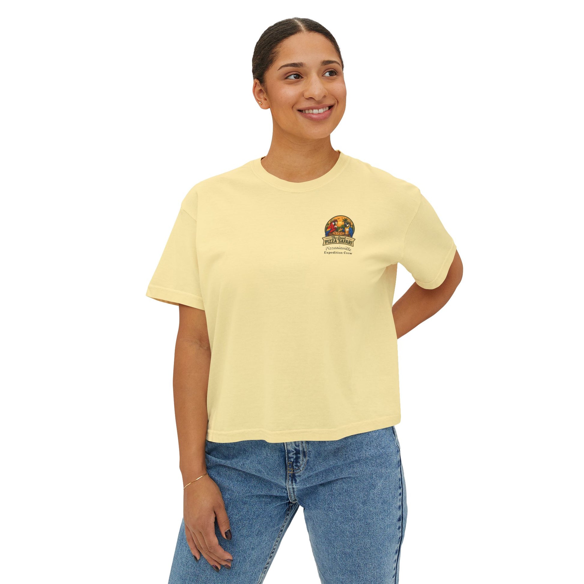 Women's Boxy Tee — The Great Pizza Safari Parrot Graphic T‑Shirt