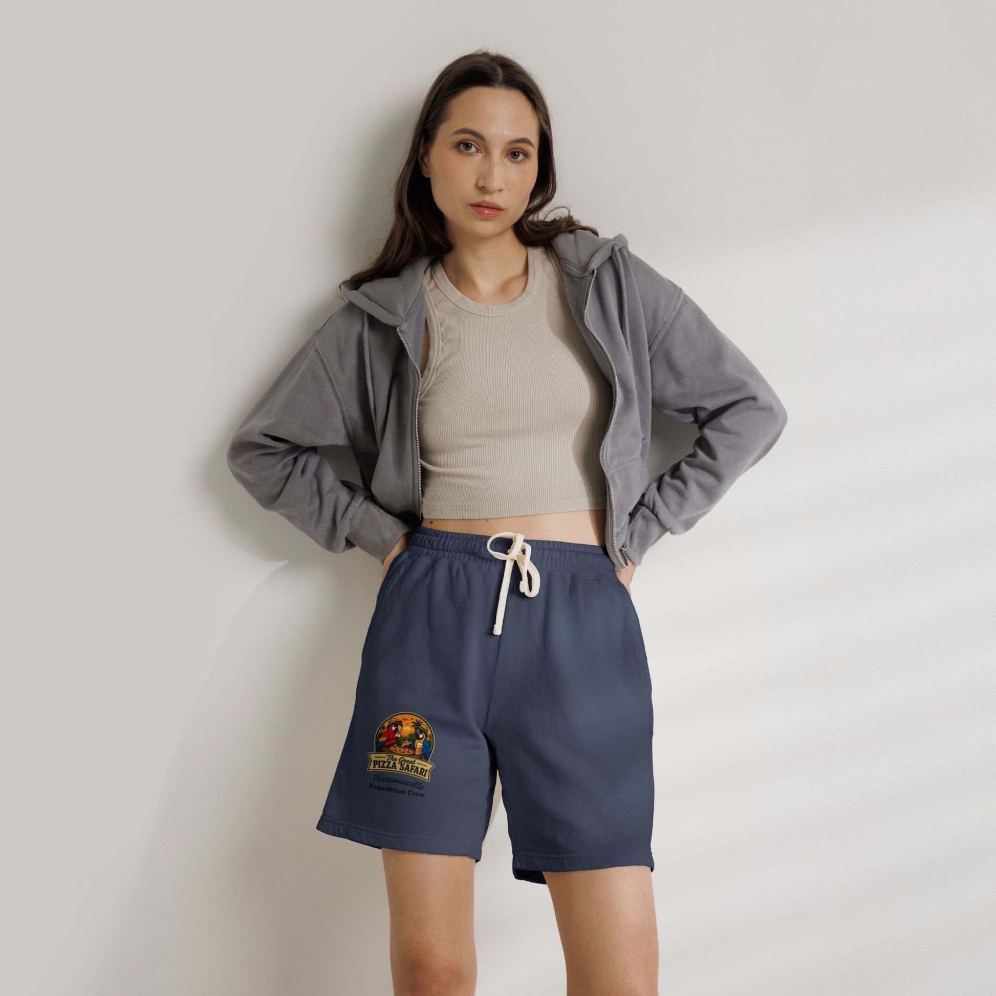 Unisex  Lightweight Garment-Dyed Fleece Sweat Shorts with Retro Pizza Safari Logo