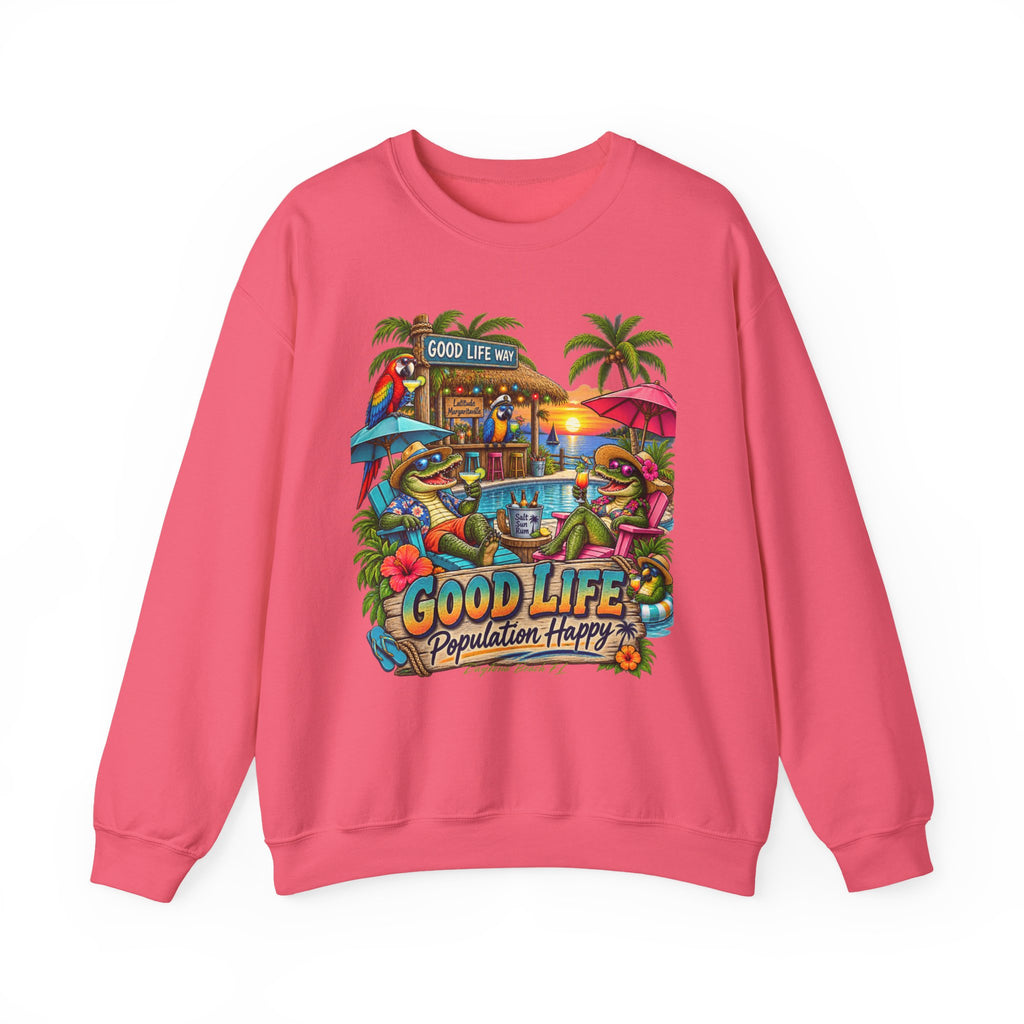 Good Life Beach Crewneck Sweatshirt – Tropical 'Good Life, Population: Happy' Graphic