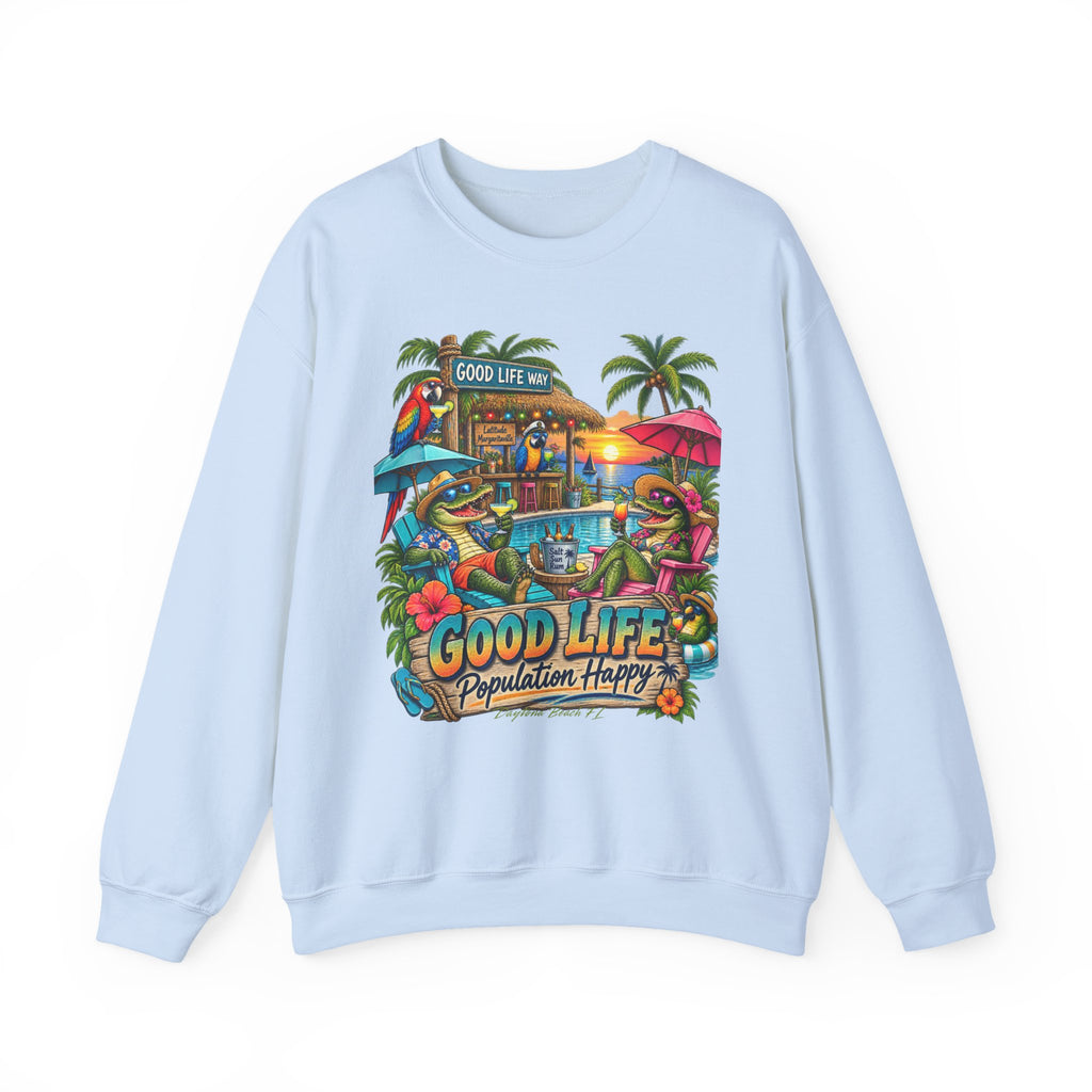 Good Life Beach Crewneck Sweatshirt – Tropical 'Good Life, Population: Happy' Graphic