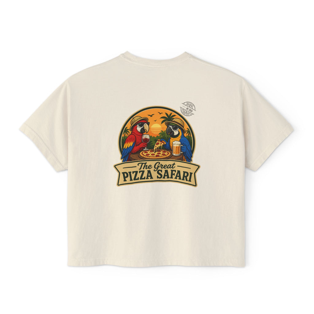 Women's Boxy Tee — The Great Pizza Safari Parrot Graphic T‑Shirt