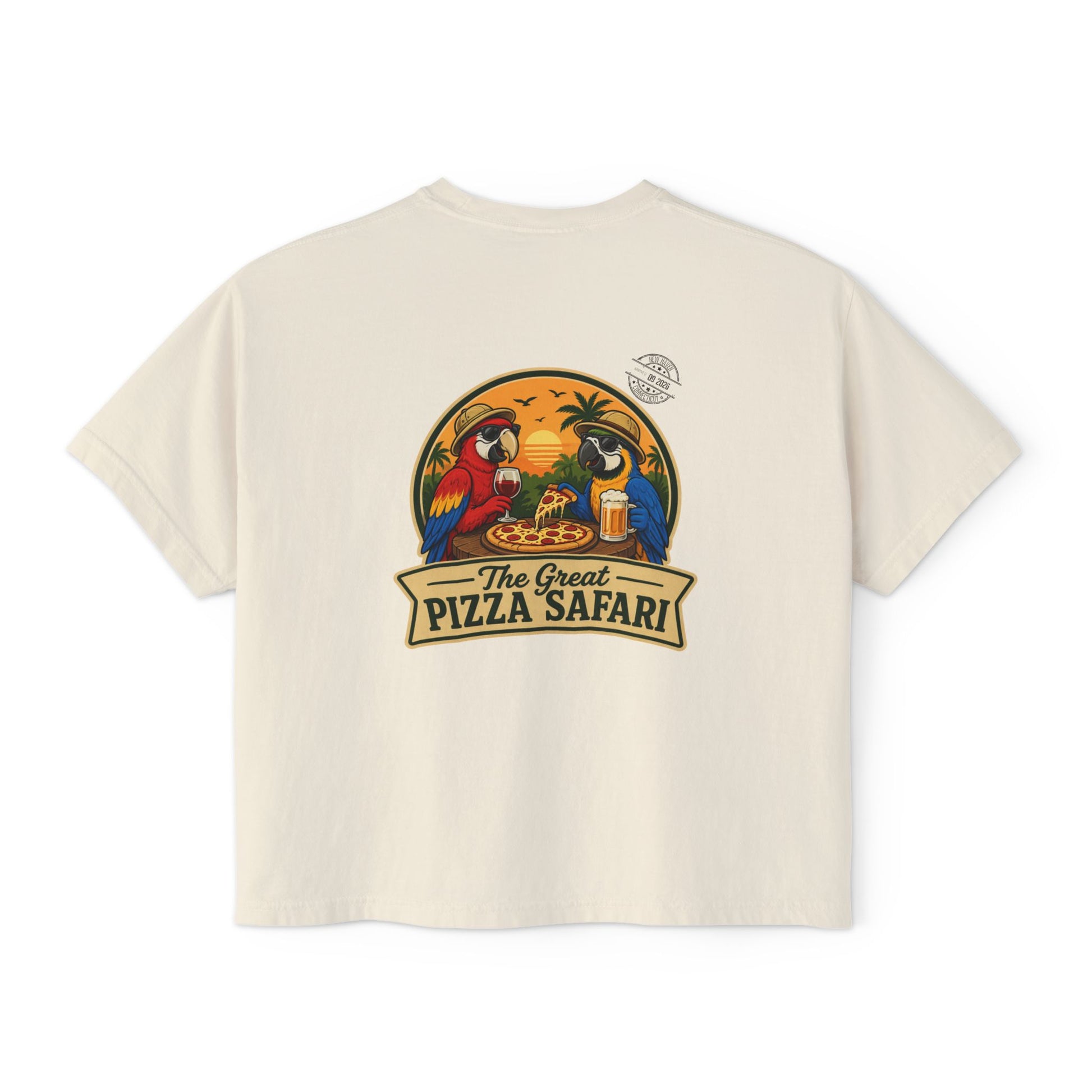 Women's Boxy Tee — The Great Pizza Safari Parrot Graphic T‑Shirt