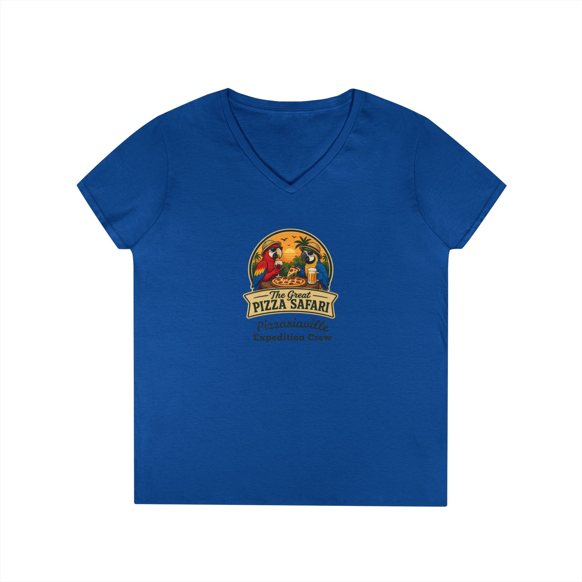 Pizza Safari Ladies' V-Neck T-Shirt — 'Pizzariaville Expedition Crew' Retro Travel Tee