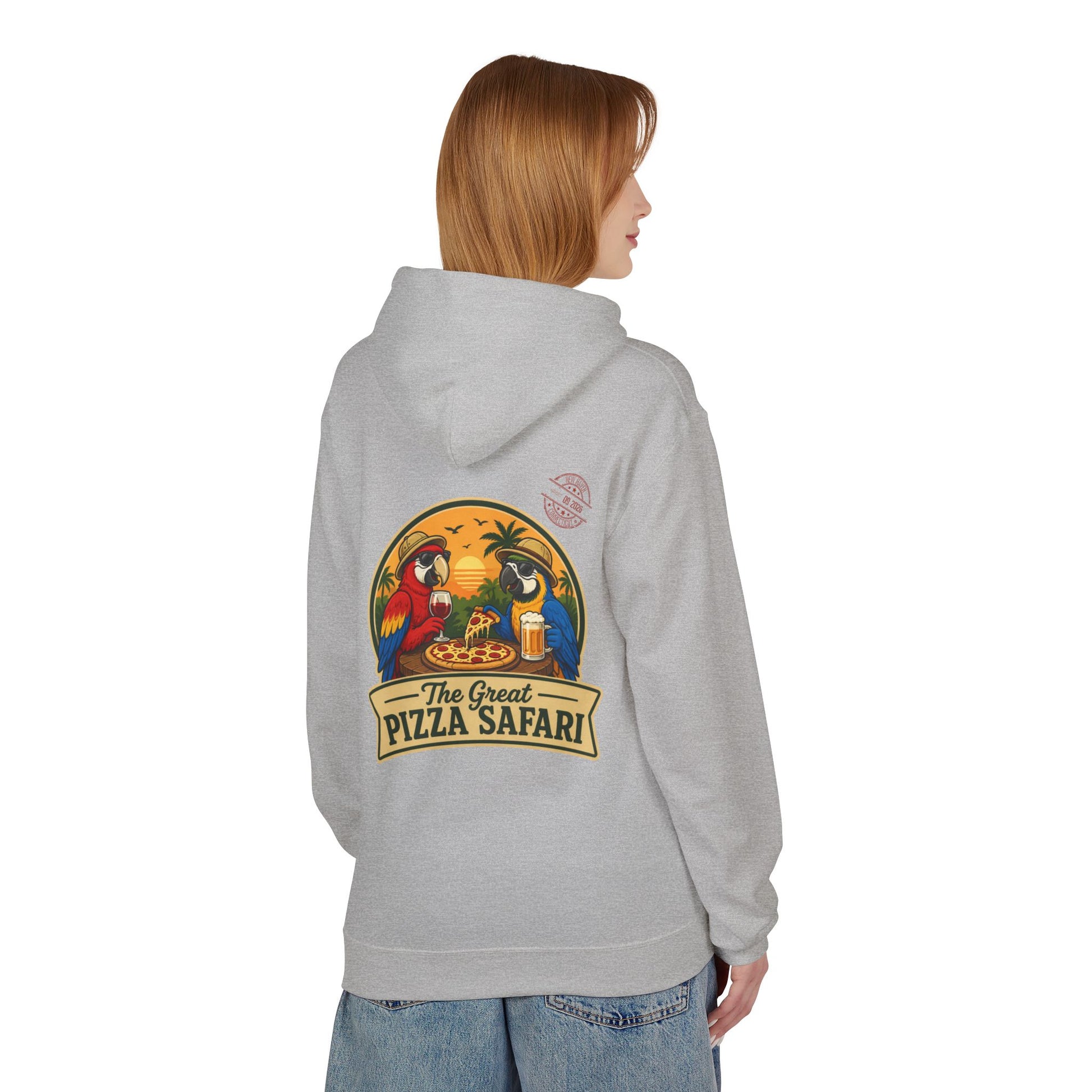 Pizza Safari Hoodie — "The Great Pizza Safari" Tropical Parrot Pizza Graphic