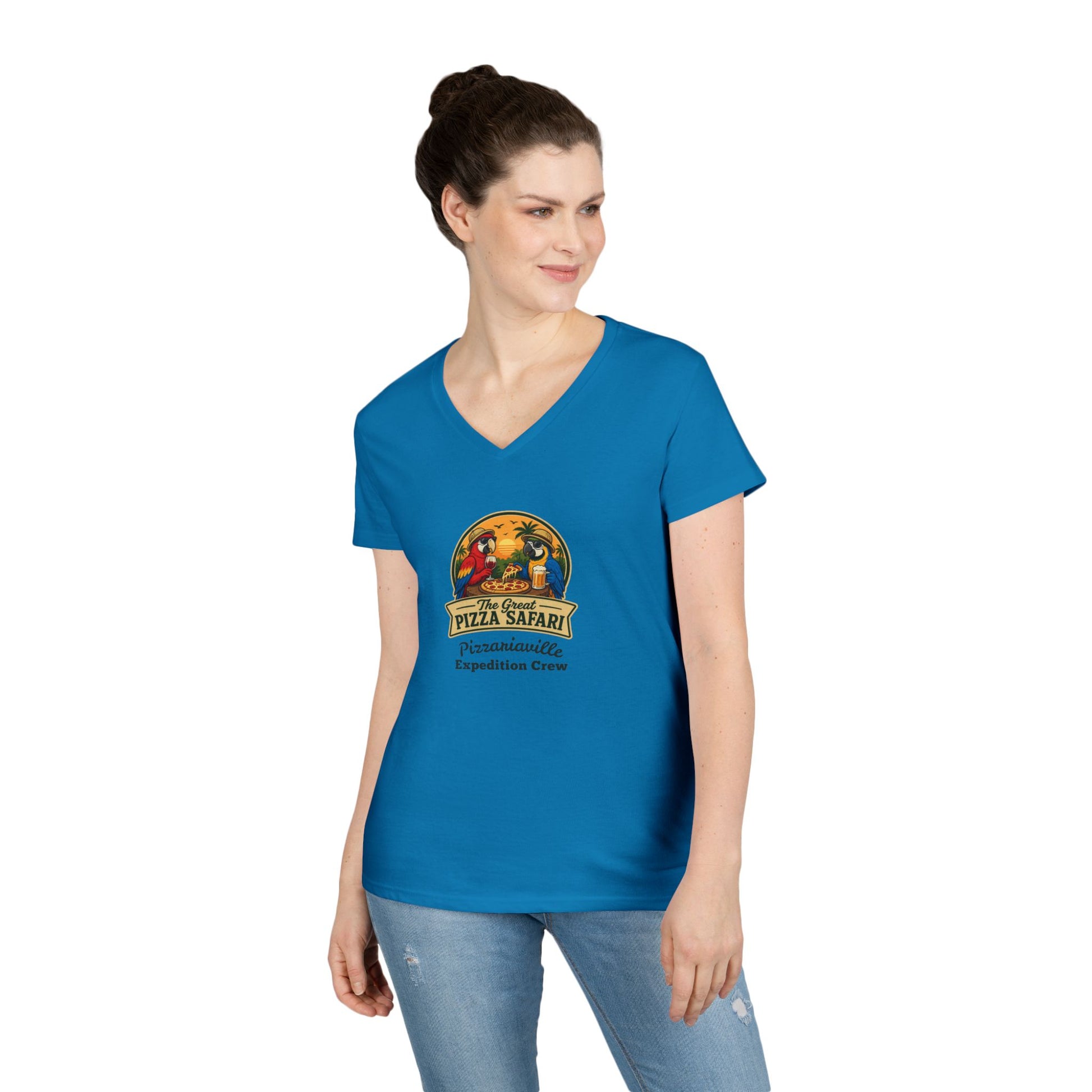 Pizza Safari Ladies' V-Neck T-Shirt — 'Pizzariaville Expedition Crew' Retro Travel Tee
