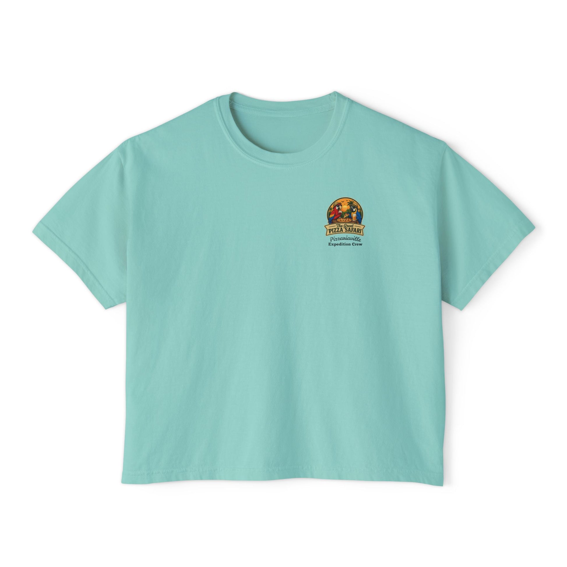 Women's Boxy Tee — The Great Pizza Safari Parrot Graphic T‑Shirt