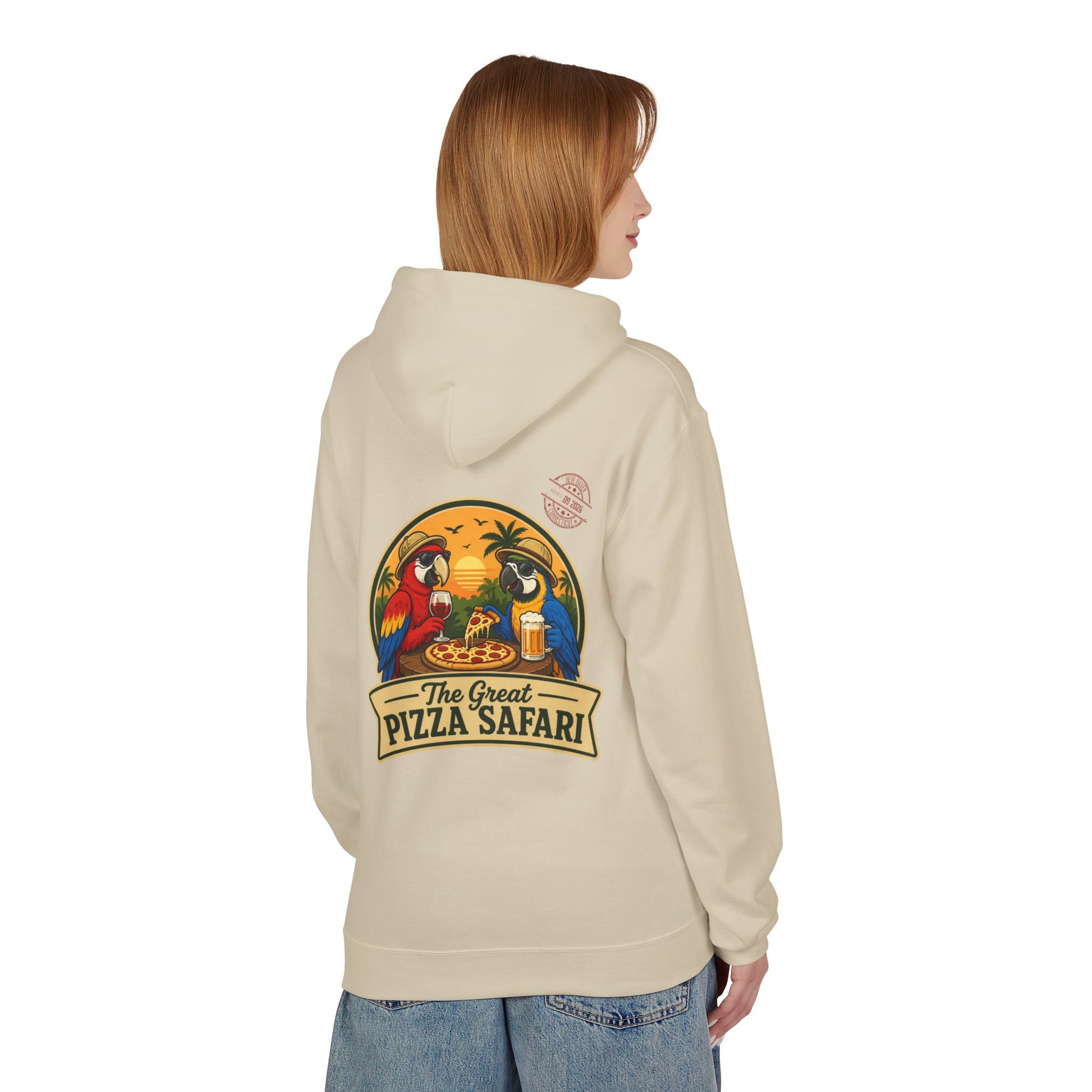 Pizza Safari Hoodie — "The Great Pizza Safari" Tropical Parrot Pizza Graphic