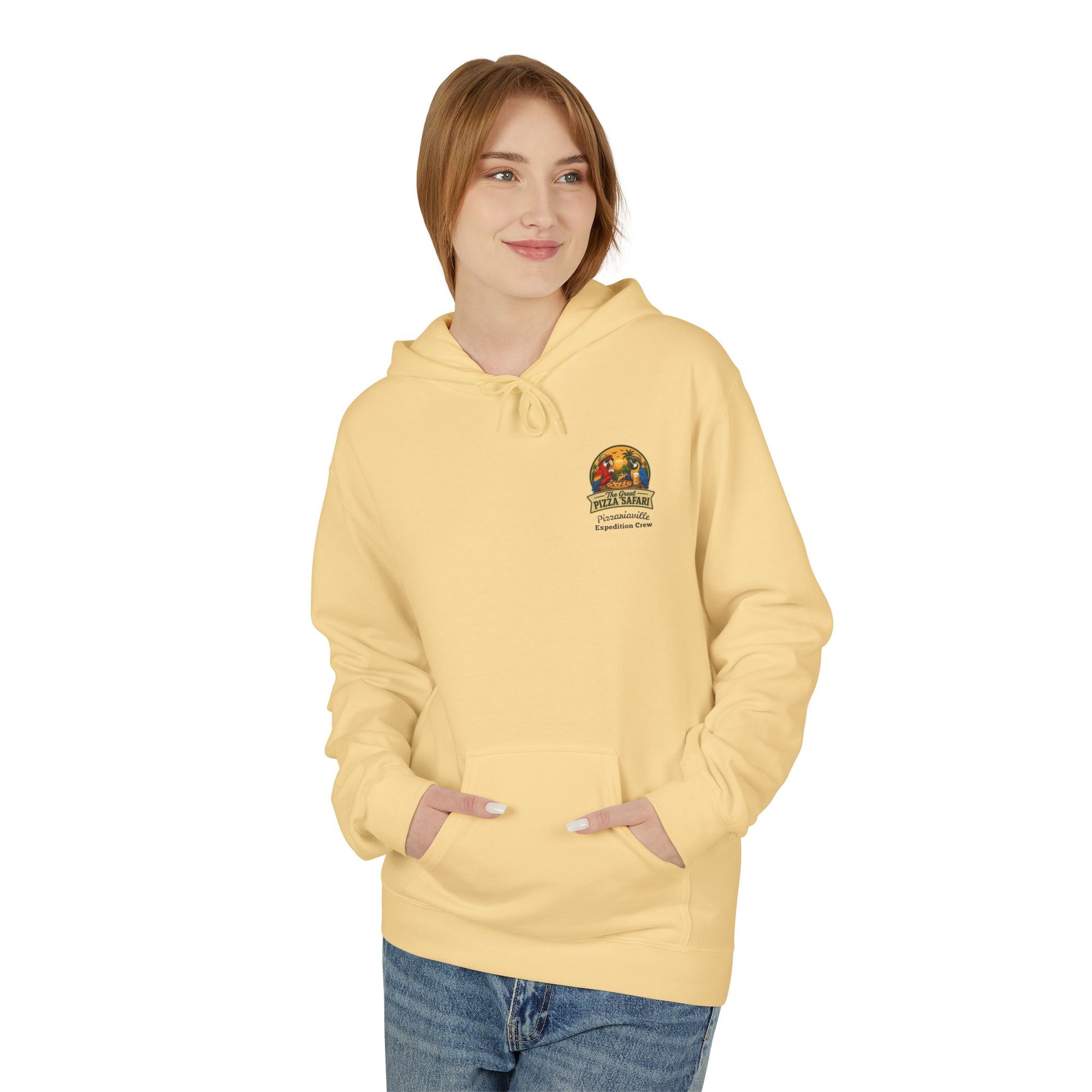 Pizza Safari Hoodie — "The Great Pizza Safari" Tropical Parrot Pizza Graphic