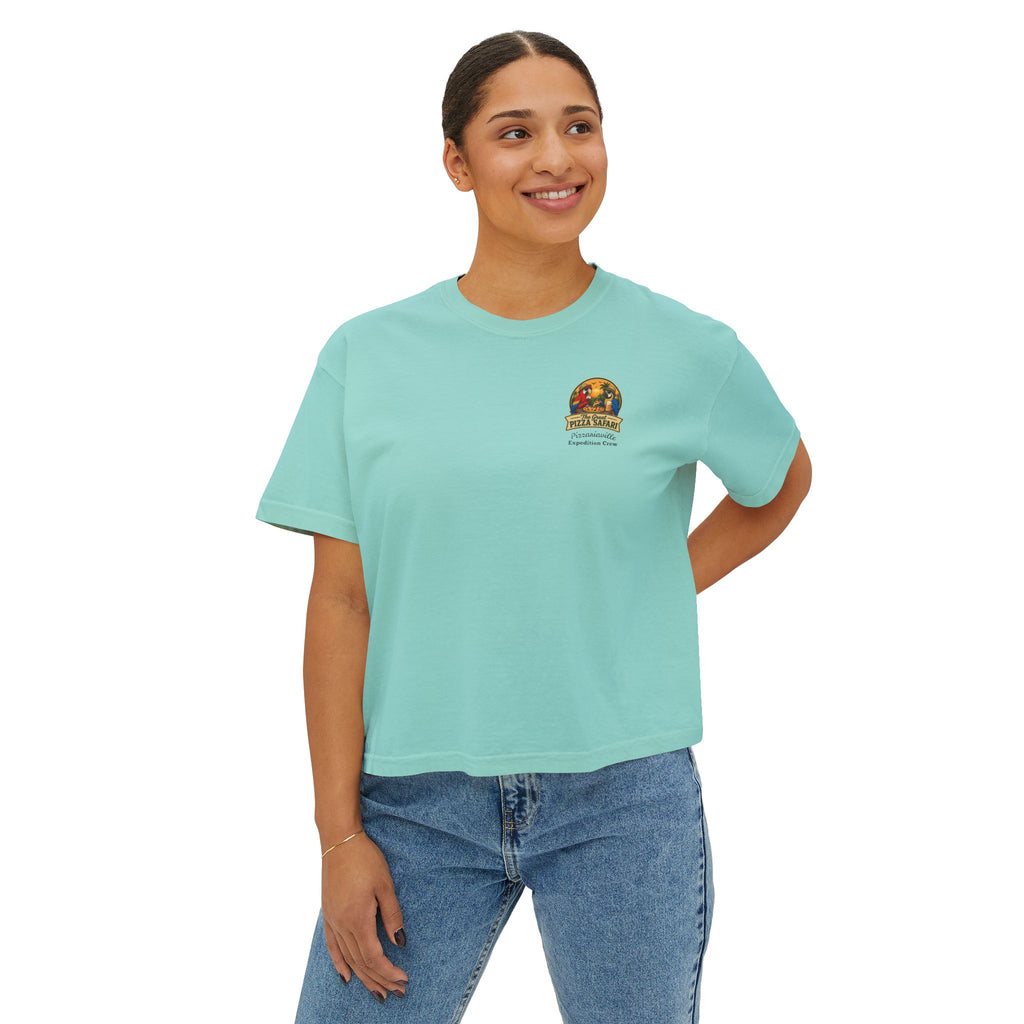 Women's Boxy Tee — The Great Pizza Safari Parrot Graphic T‑Shirt