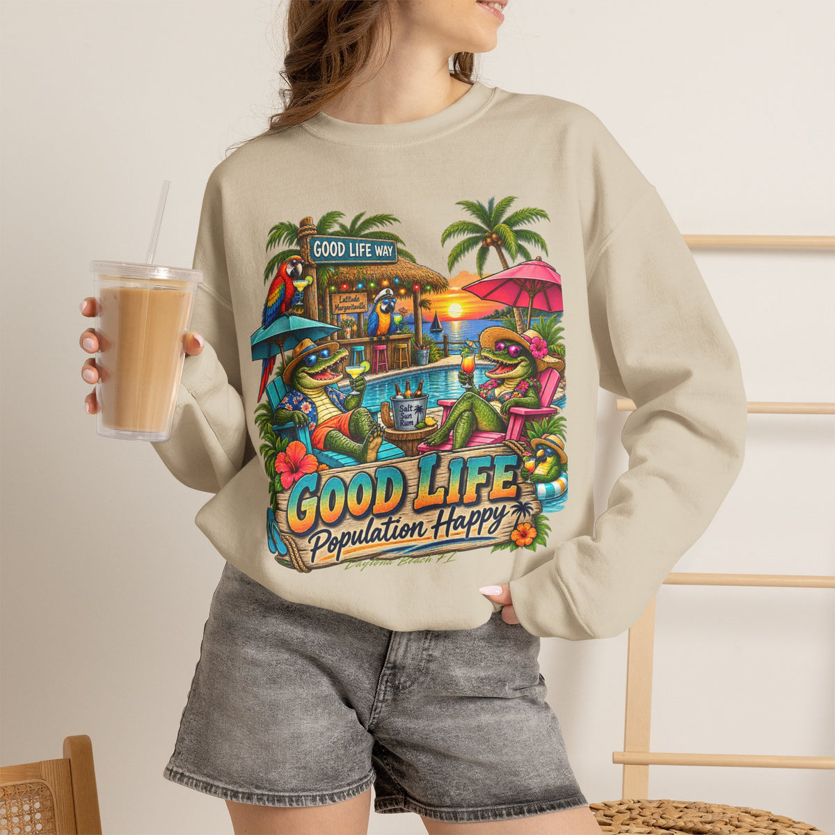 Good Life Beach Crewneck Sweatshirt – Tropical 'Good Life, Population: Happy' Graphic