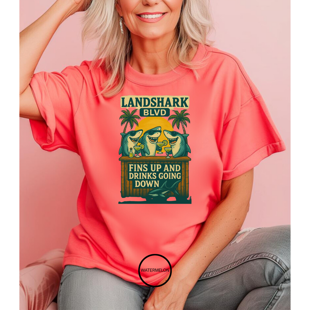 Landshark BLVD  design  T-Shirt with parrot on top   dazed and infused , Summer Vibes Tee, Beachwear, Vacation Shirt, Funny Graphic Tee, Unisex Casual Wear