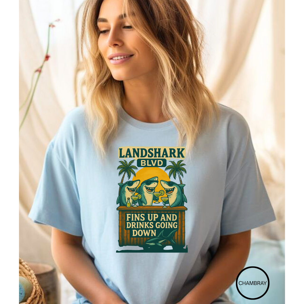 Landshark BLVD  design  T-Shirt with parrot on top   dazed and infused , Summer Vibes Tee, Beachwear, Vacation Shirt, Funny Graphic Tee, Unisex Casual Wear