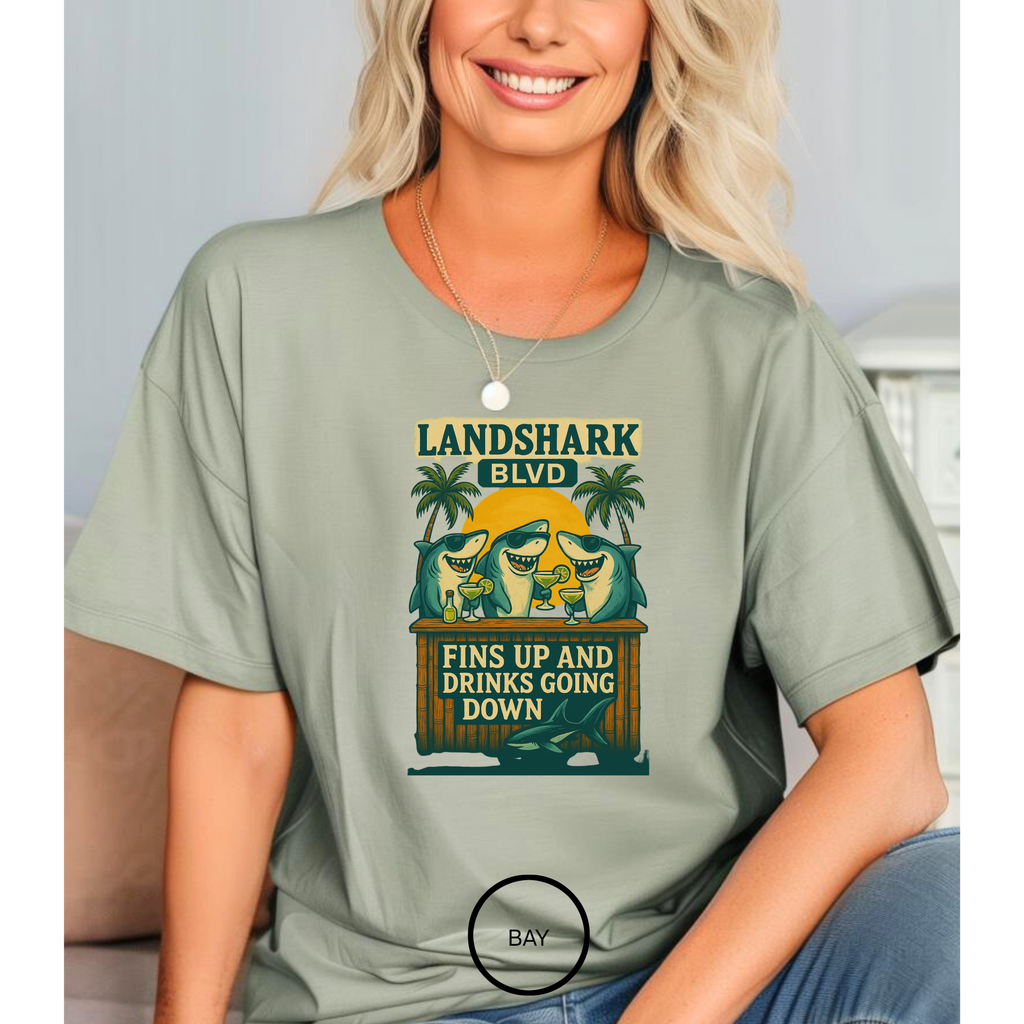 Landshark BLVD  design  T-Shirt with parrot on top   dazed and infused , Summer Vibes Tee, Beachwear, Vacation Shirt, Funny Graphic Tee, Unisex Casual Wear