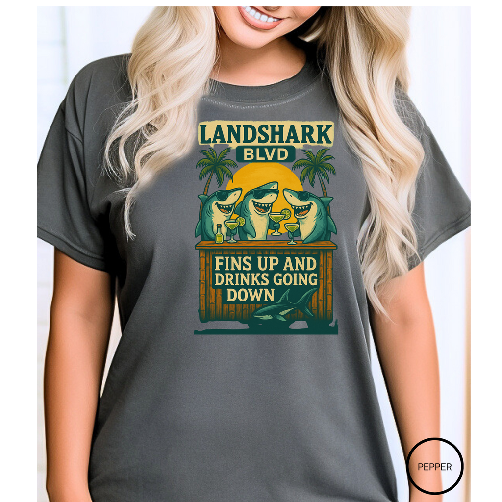 Landshark BLVD  design  T-Shirt with parrot on top   dazed and infused , Summer Vibes Tee, Beachwear, Vacation Shirt, Funny Graphic Tee, Unisex Casual Wear