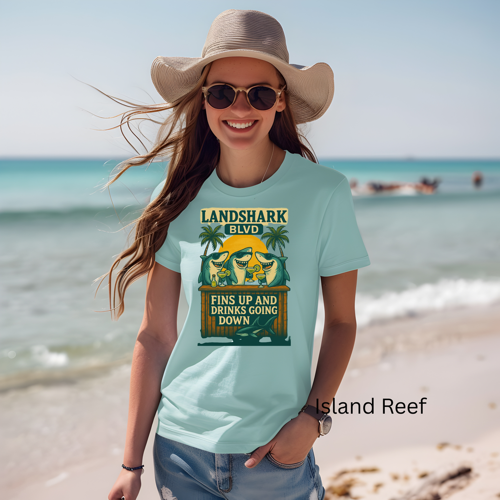 Landshark BLVD  design  T-Shirt with parrot on top   dazed and infused , Summer Vibes Tee, Beachwear, Vacation Shirt, Funny Graphic Tee, Unisex Casual Wear