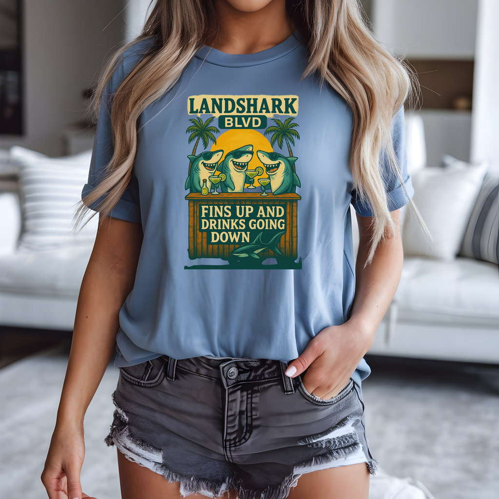 Landshark BLVD  design  T-Shirt with parrot on top   dazed and infused , Summer Vibes Tee, Beachwear, Vacation Shirt, Funny Graphic Tee, Unisex Casual Wear