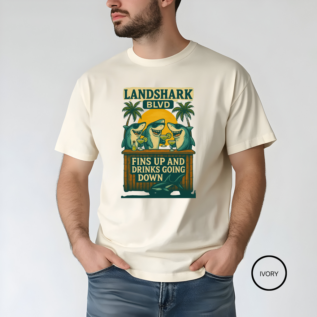 Landshark BLVD  design  T-Shirt with parrot on top   dazed and infused , Summer Vibes Tee, Beachwear, Vacation Shirt, Funny Graphic Tee, Unisex Casual Wear