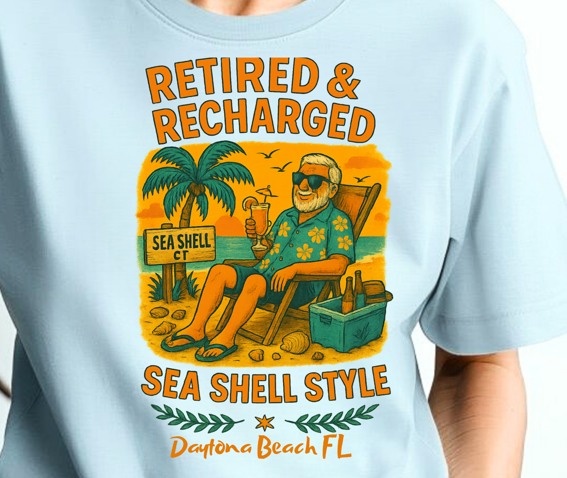 Person wearing a light blue t-shirt with a graphic design and text.