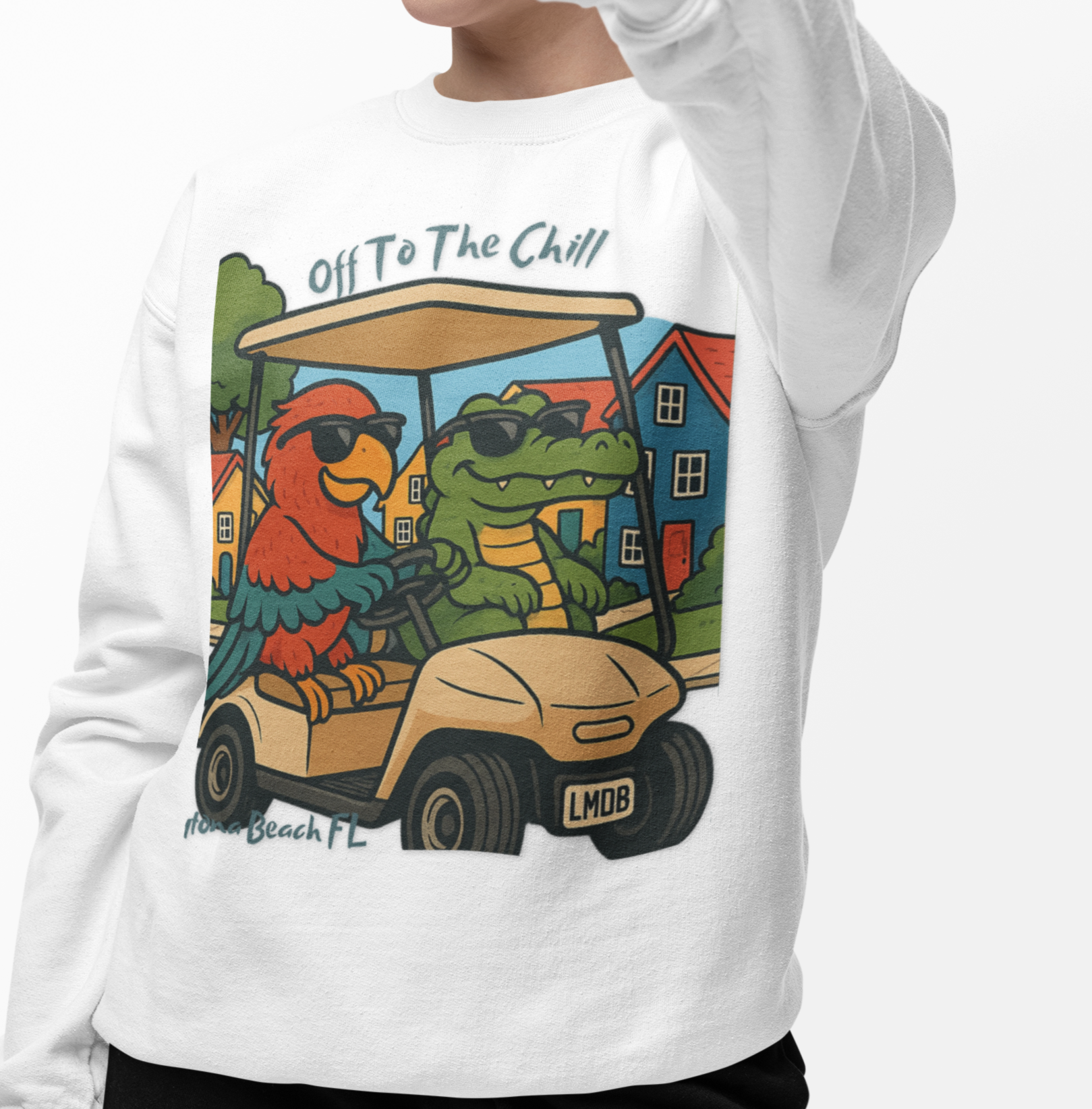 Person wearing a white sweatshirt with a colorful graphic design on a white background