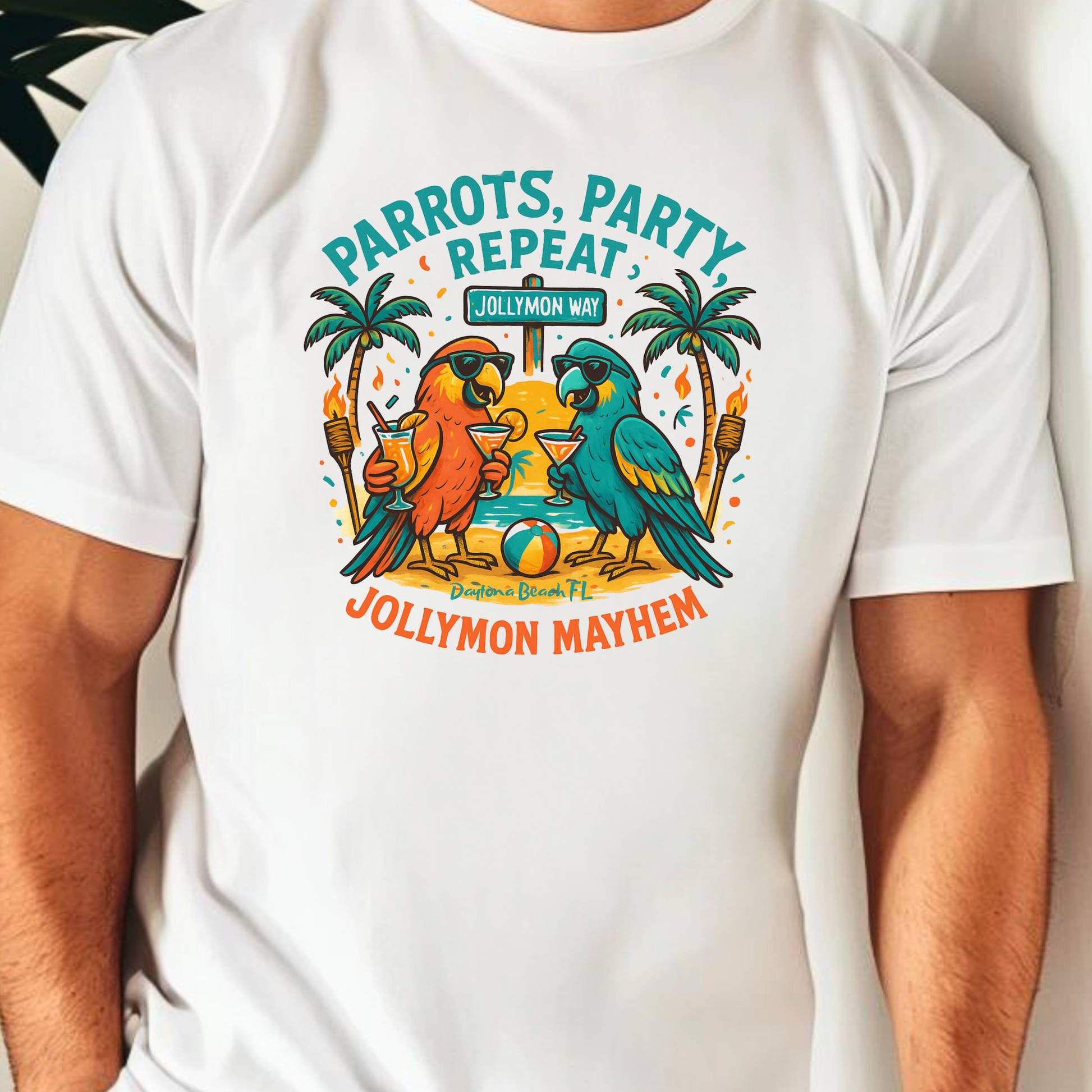 White t-shirt with parrot graphic and text worn by a person