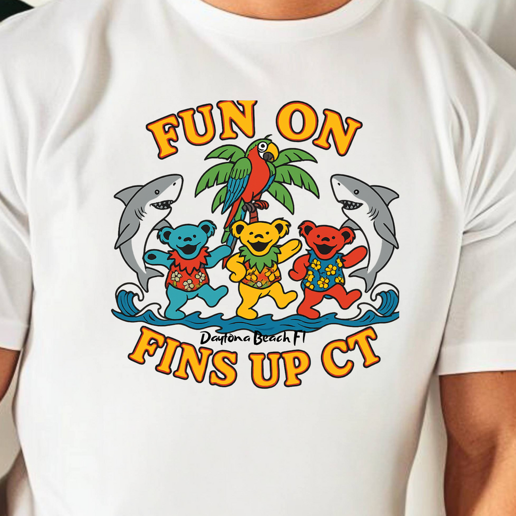 White t-shirt with colorful graphic design featuring bears, dolphins, and parrots on a white background.