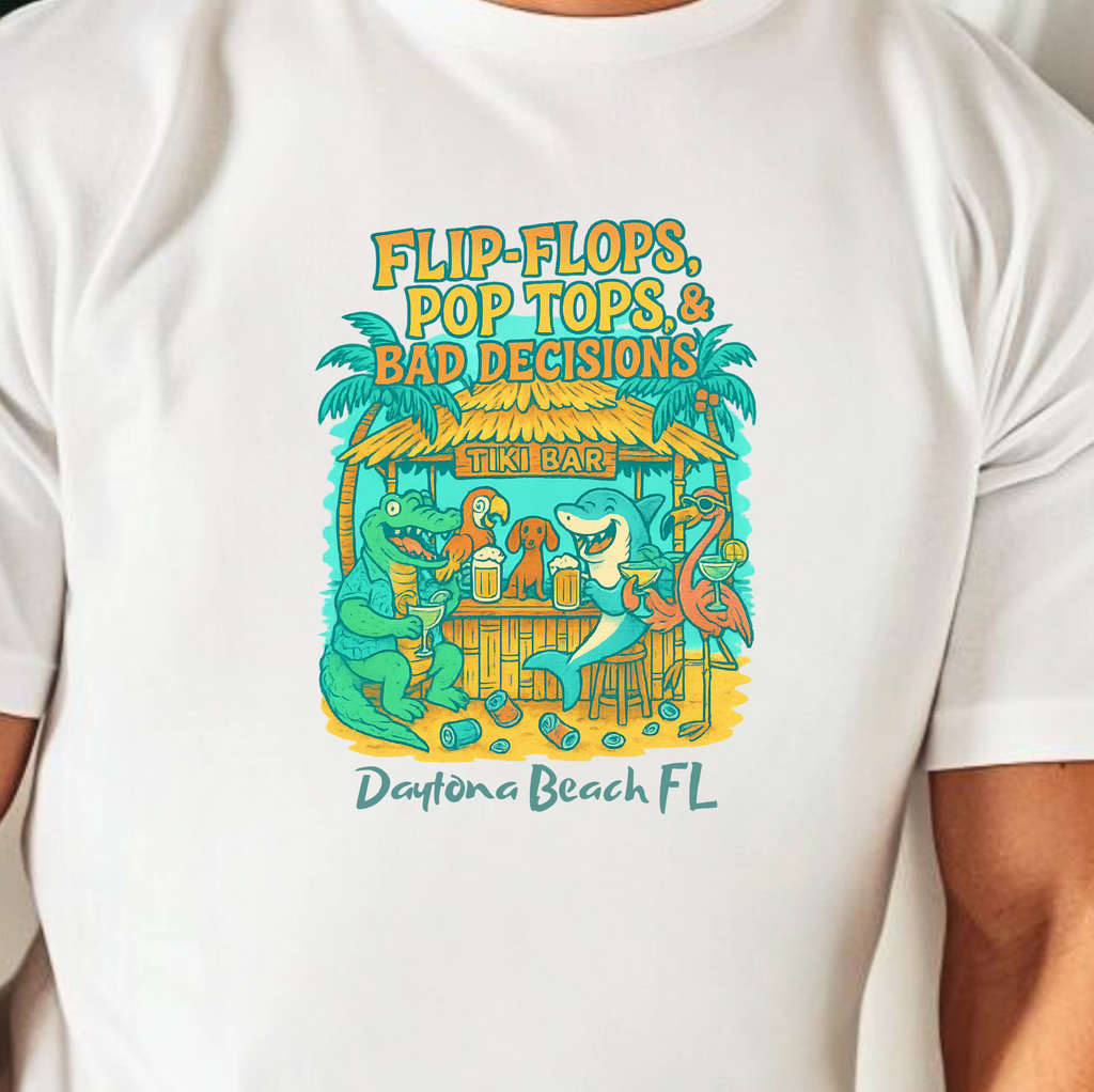 White t-shirt with colorful graphic design and text, worn by a person.