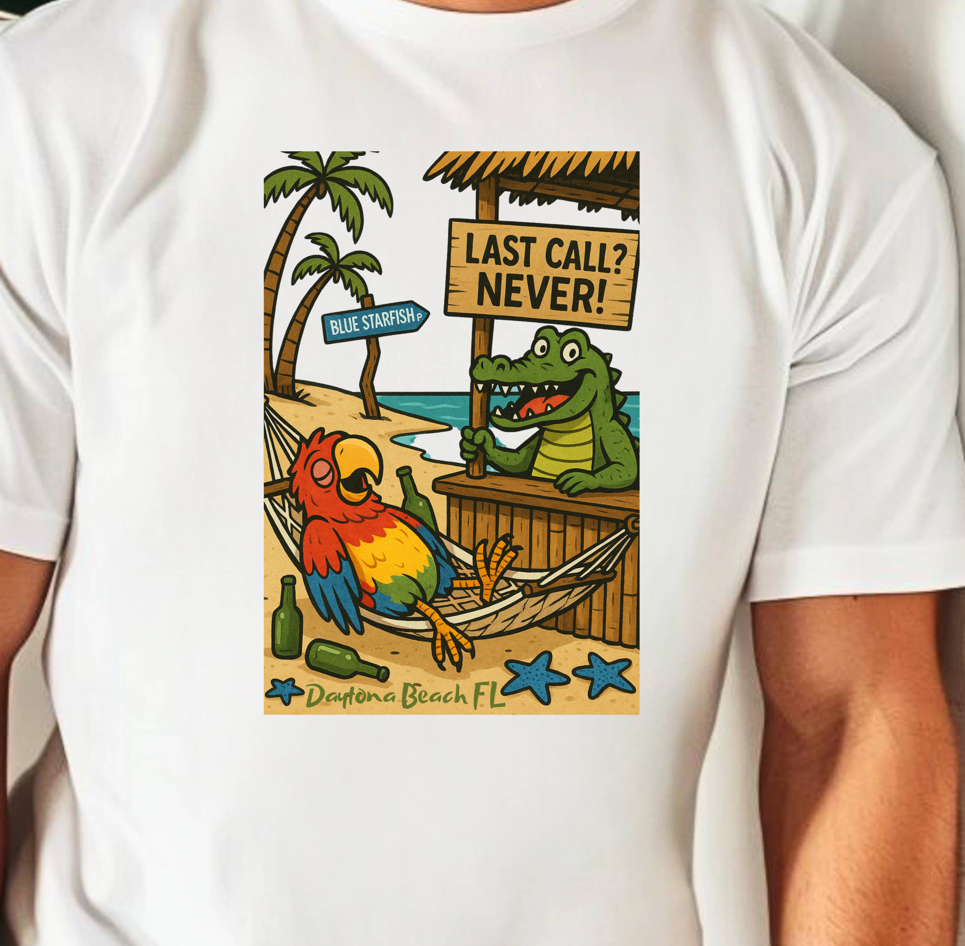White t-shirt with a colorful graphic of a parrot and alligator on a beach bar, with text 'Last Call? Never!'.