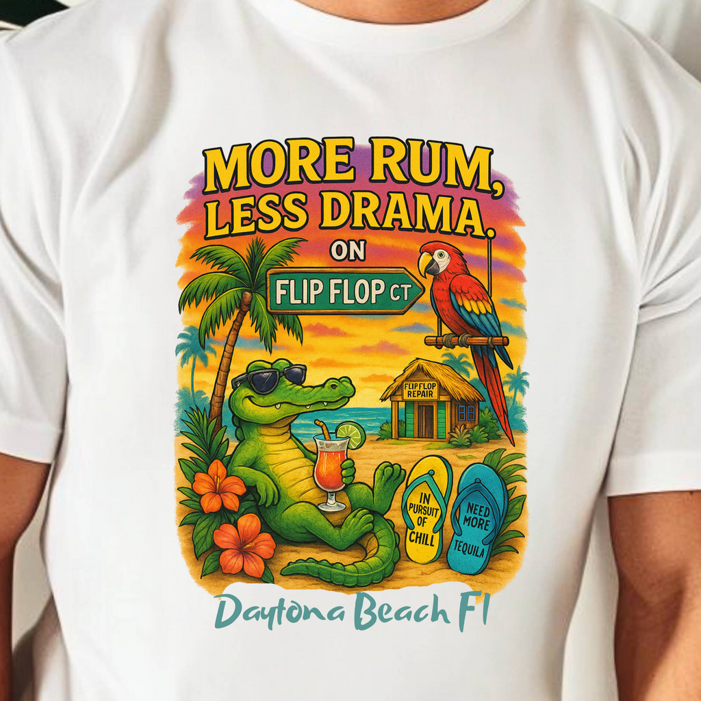 White t-shirt with a colorful graphic and text 'More Rum Less Drama on Flip Flop' worn by a person.