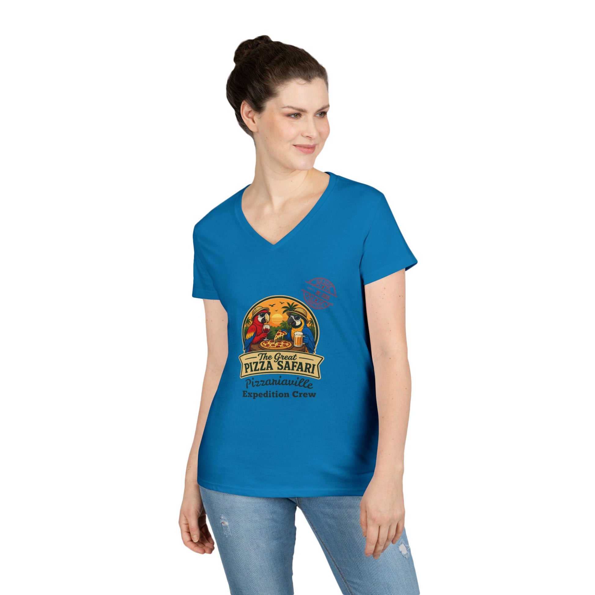 Pizza Safari Ladies' V-Neck T-Shirt — 'Pizzariaville Expedition Crew' Retro Travel Tee
