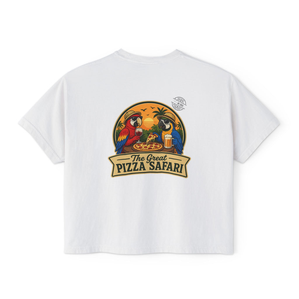 Women's Boxy Tee — The Great Pizza Safari Parrot Graphic T‑Shirt