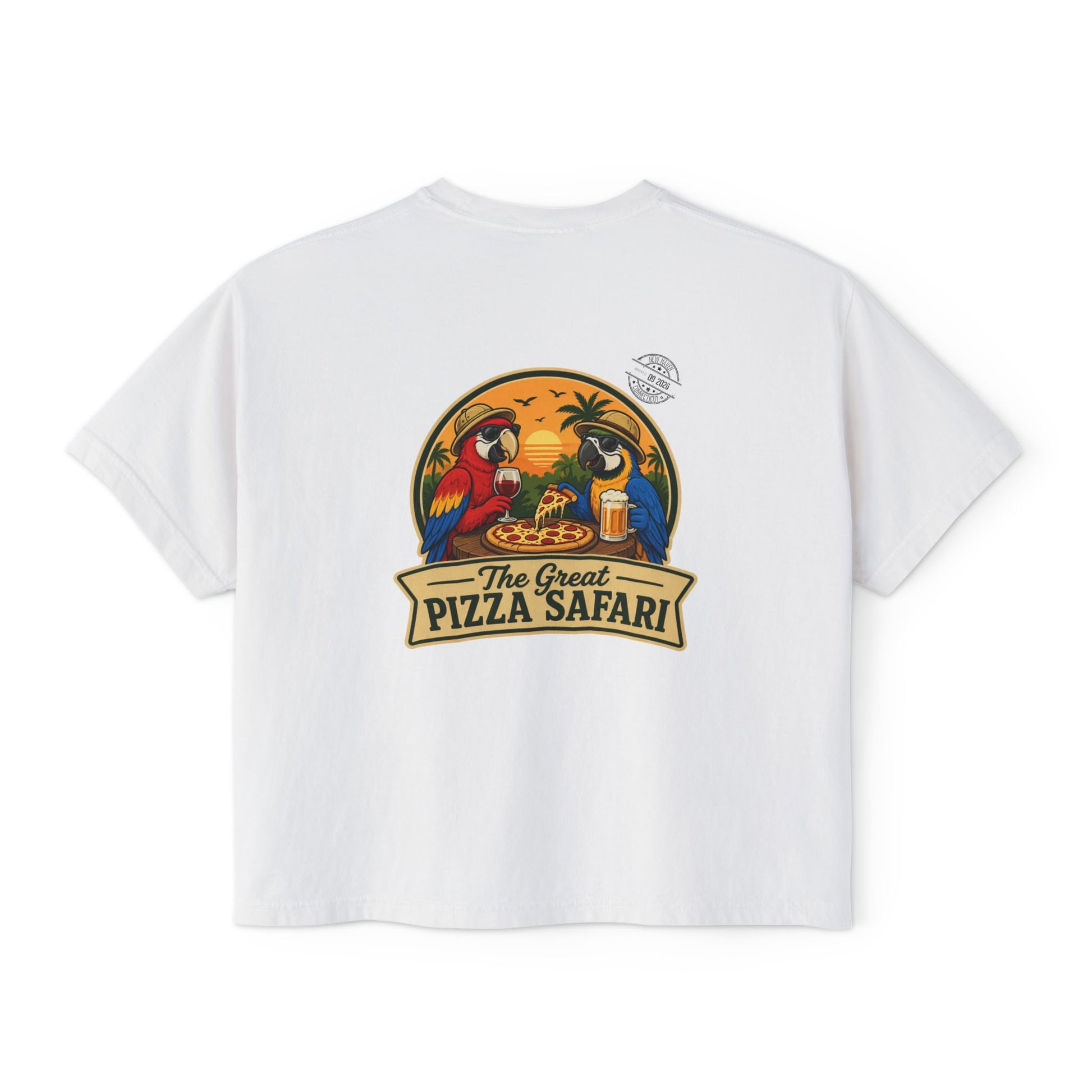 Women's Boxy Tee — The Great Pizza Safari Parrot Graphic T‑Shirt