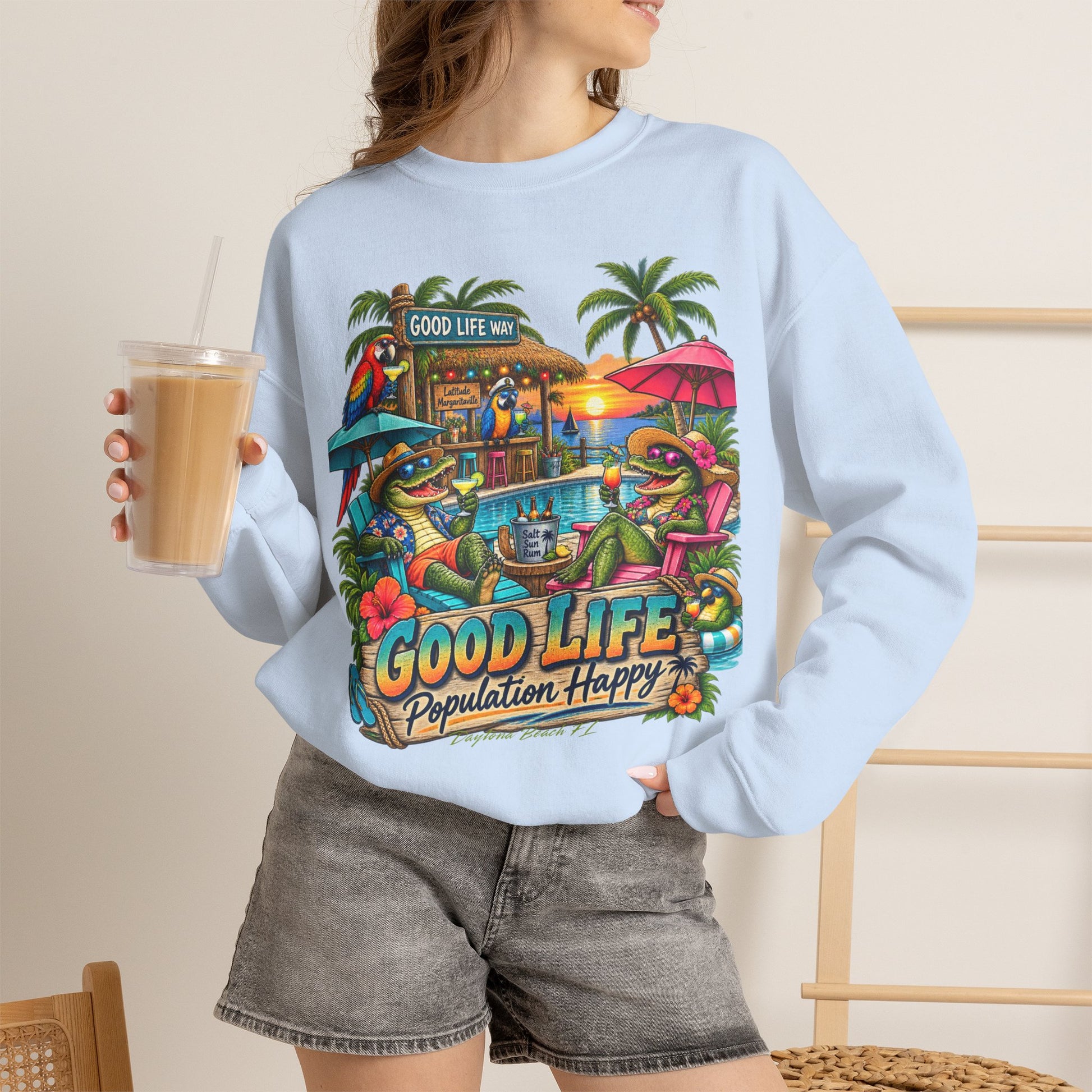 Good Life Beach Crewneck Sweatshirt – Tropical 'Good Life, Population: Happy' Graphic