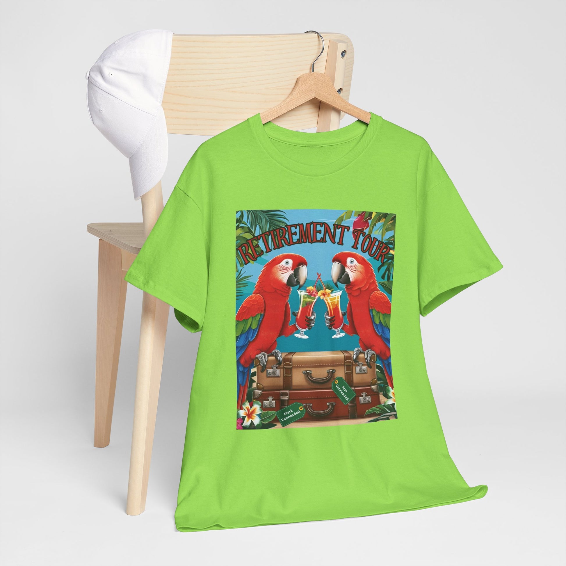 cheeseburger dr Tropical Retirement Tee, Unisex Heavy Cotton T-Shirt, Fun Gift for Retirees, Summer Vibes Shirt, Celebration Apparel, Vacation Top, Parrots