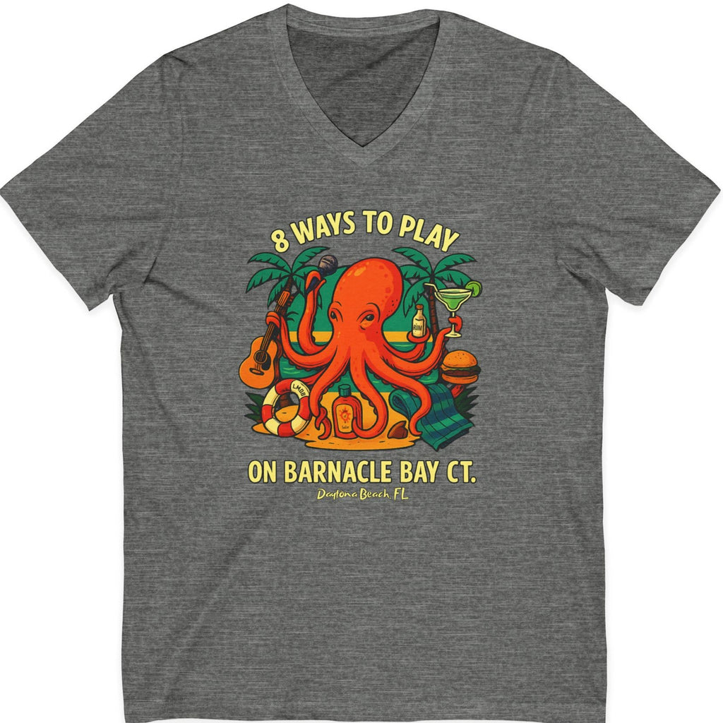 Gray t-shirt with a colorful octopus graphic and text on a white background