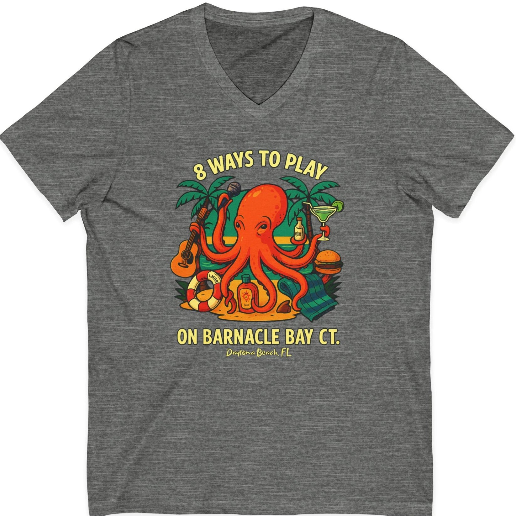 Gray t-shirt with a colorful octopus graphic and text on a white background