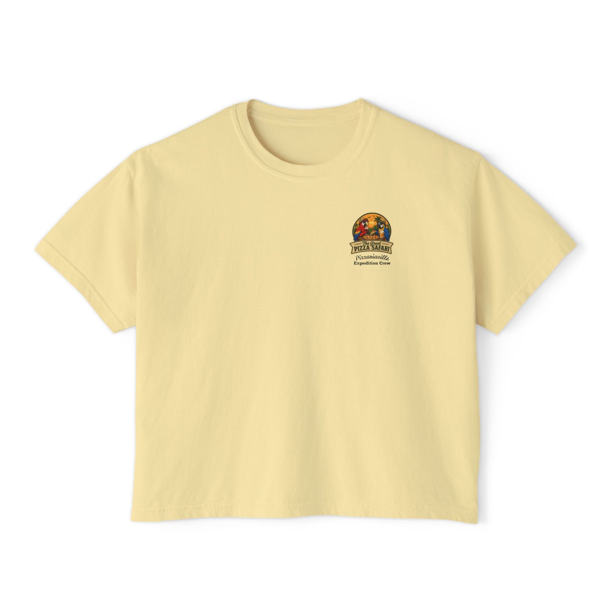Women's Boxy Tee — The Great Pizza Safari Parrot Graphic T‑Shirt