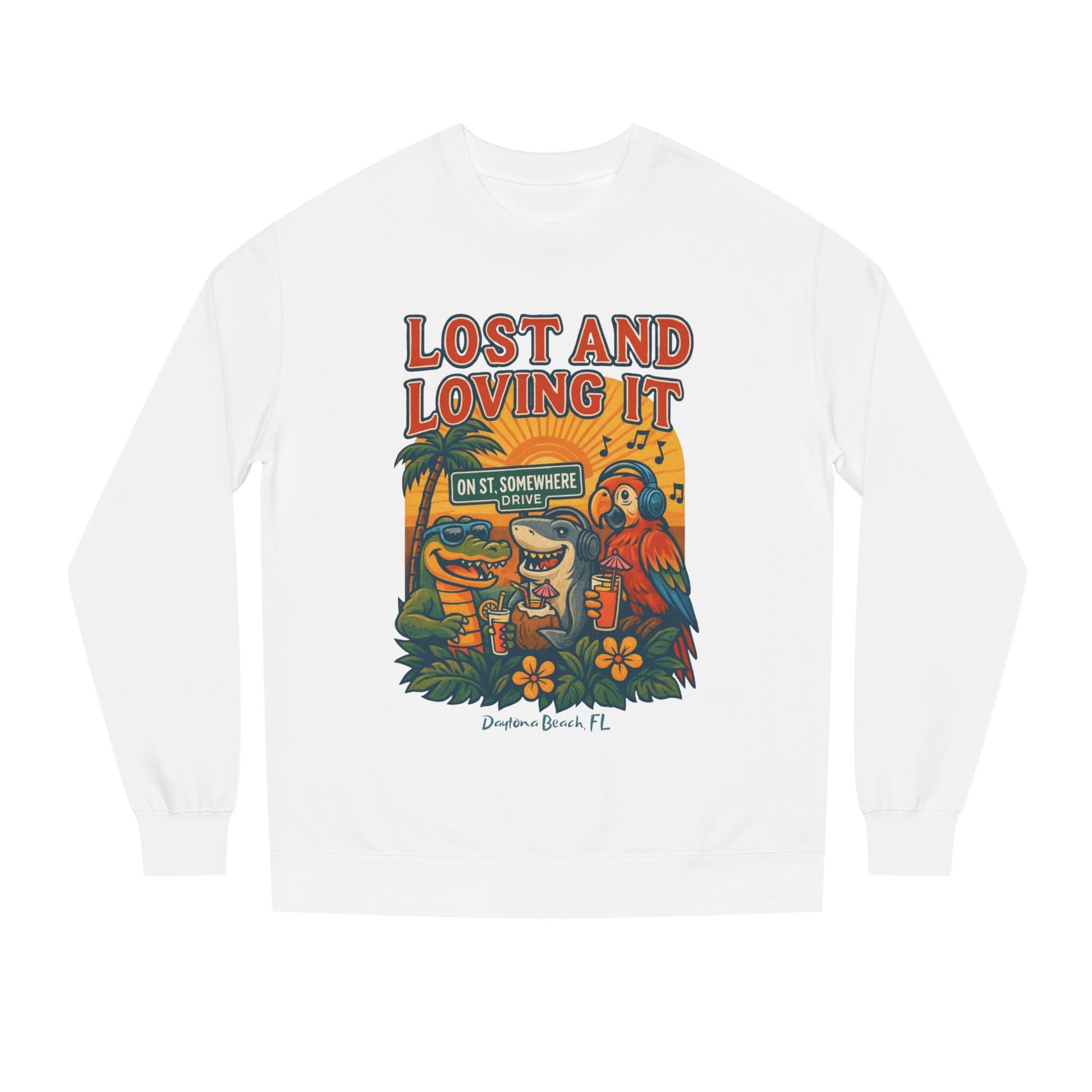 St. Somewhere Dr. Lost and Loving It Crewneck Sweatshirt — Tropical Parrot & Shark Vacation Graphic