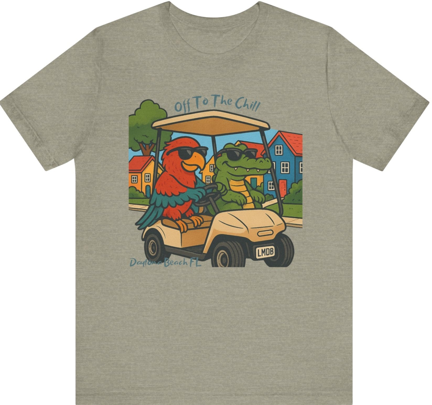 Gray t-shirt with a colorful graphic of a parrot and frog in a golf cart on a white background