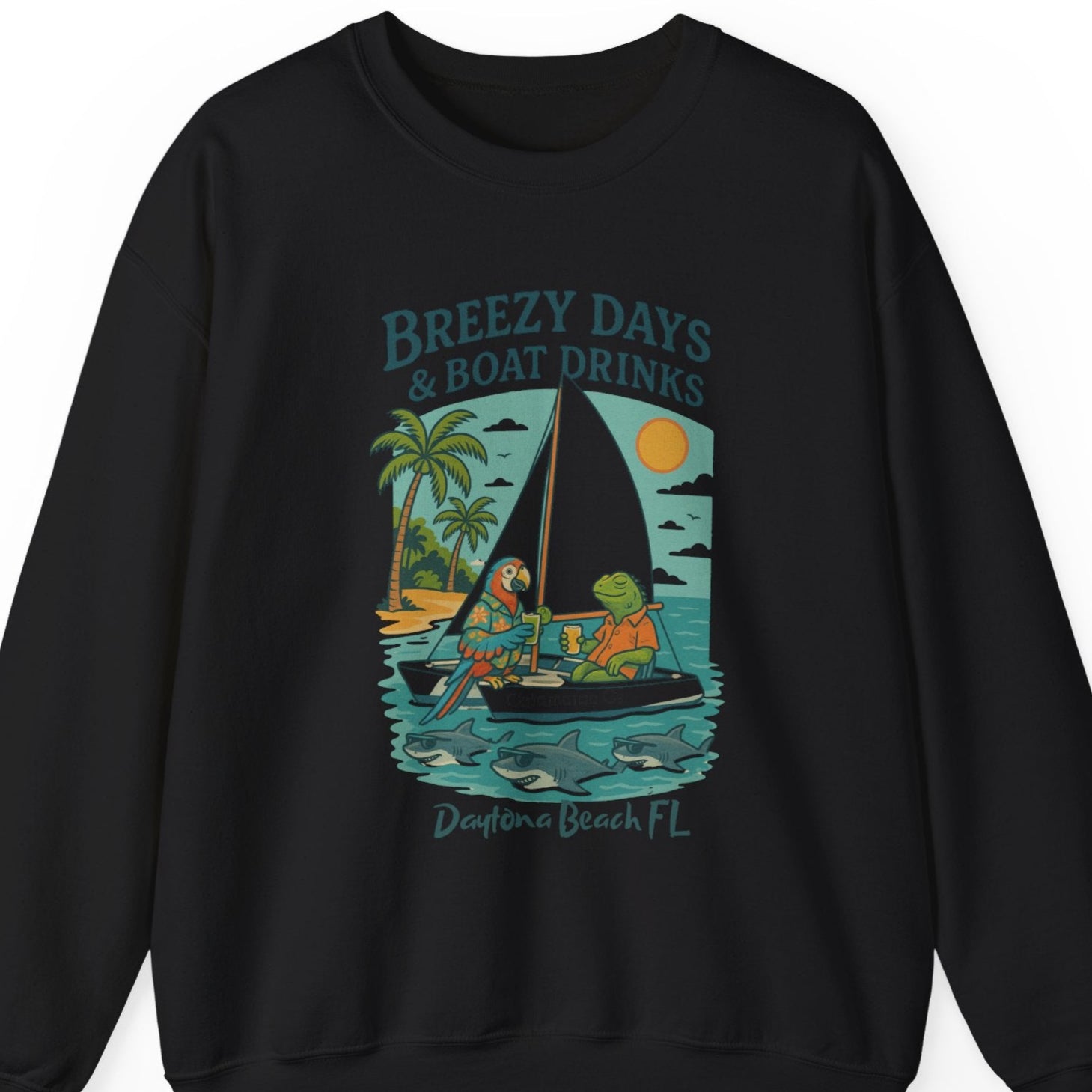 Black sweatshirt with a tropical graphic and text on a white background