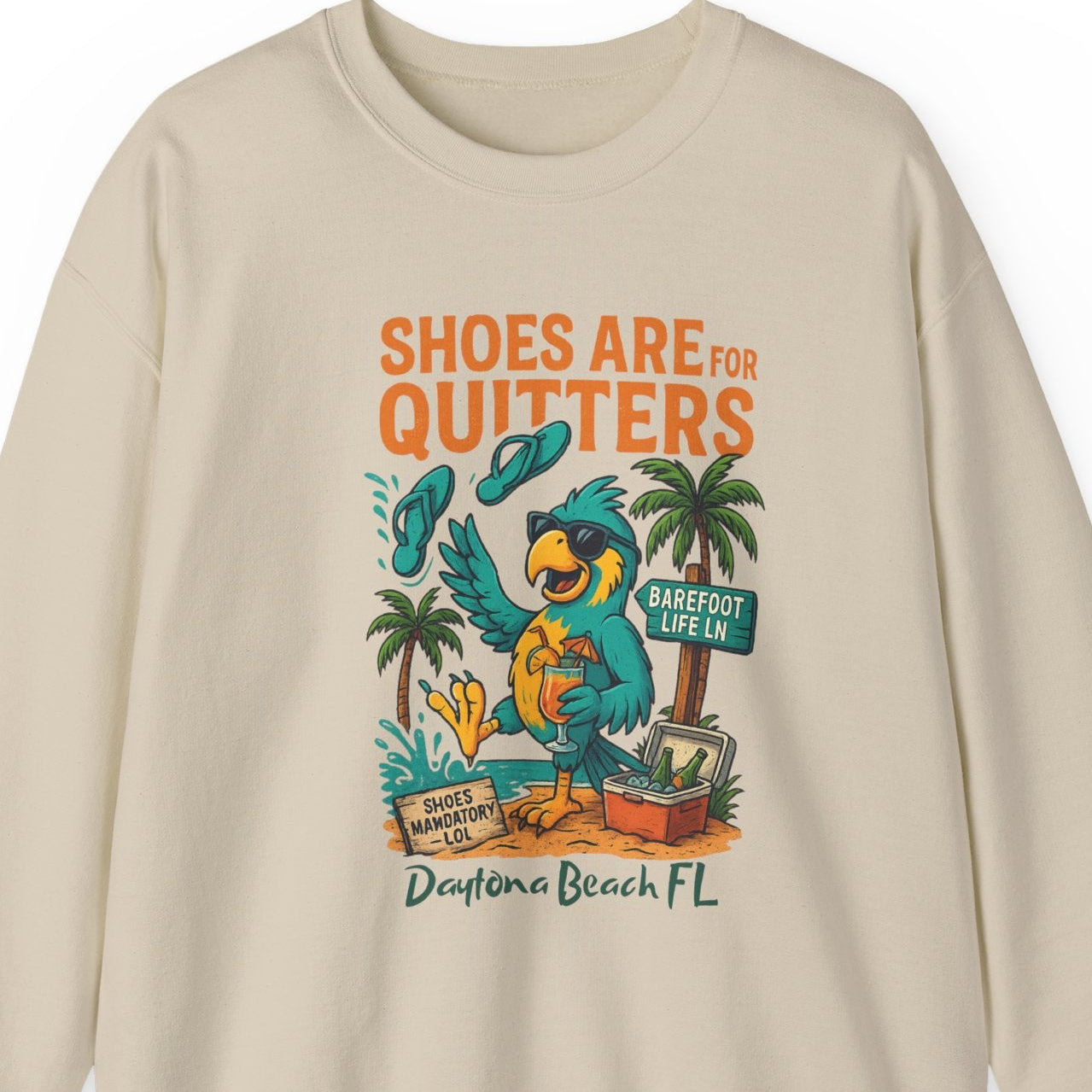 Beige sweatshirt with a graphic design featuring a parrot and text on a white background