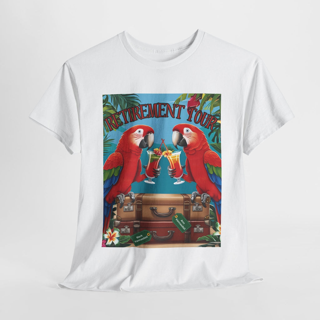 cheeseburger dr Tropical Retirement Tee, Unisex Heavy Cotton T-Shirt, Fun Gift for Retirees, Summer Vibes Shirt, Celebration Apparel, Vacation Top, Parrots