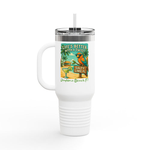 White tumbler with a colorful label featuring a parrot and beach scene on a white background.